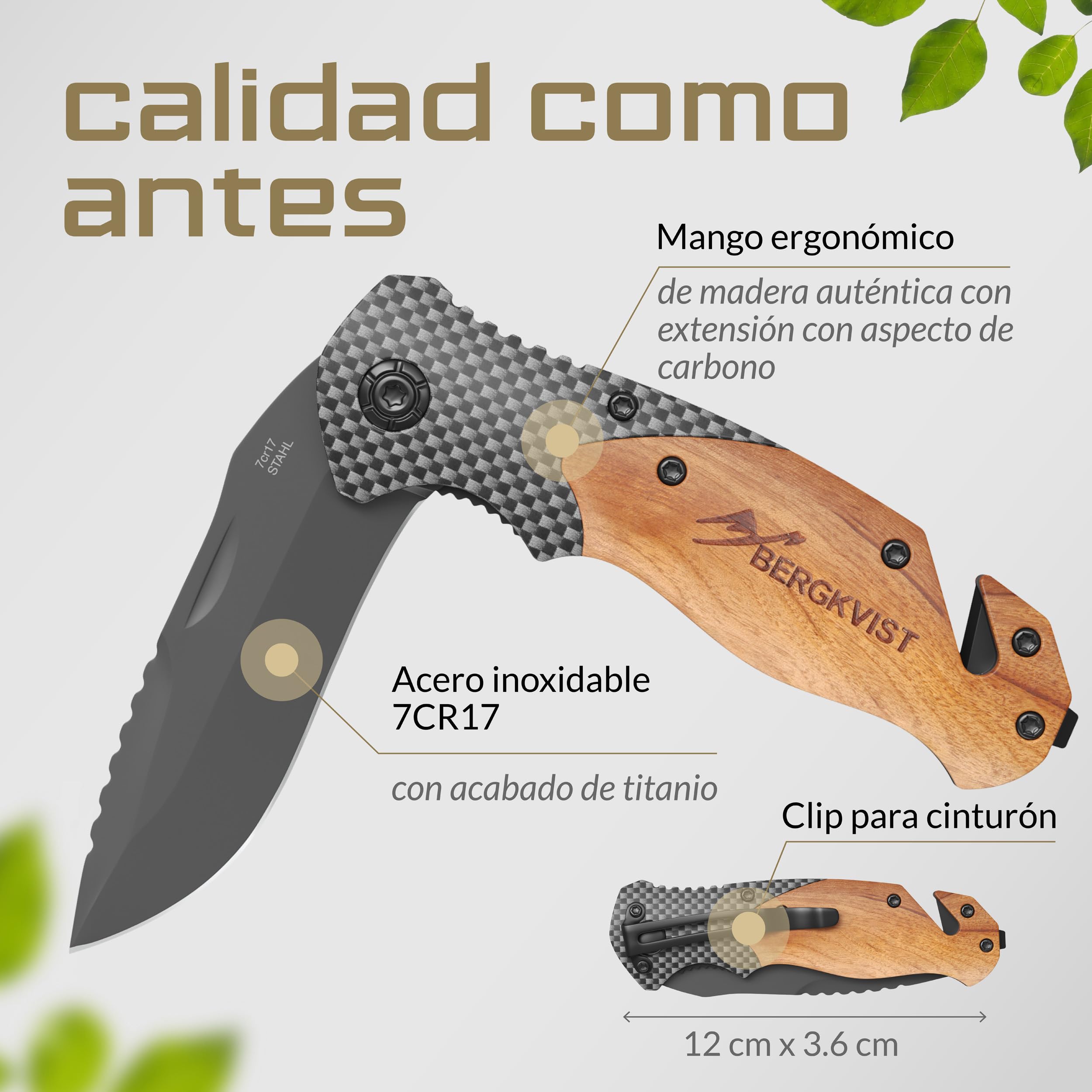 BERGKVIST® K20 Cuchillo plegable [navaja de dos manos] | Navaja de bolsillo 3 en 1 con rompecristales y cortacinturones, con mango de madera y aleación de titanio