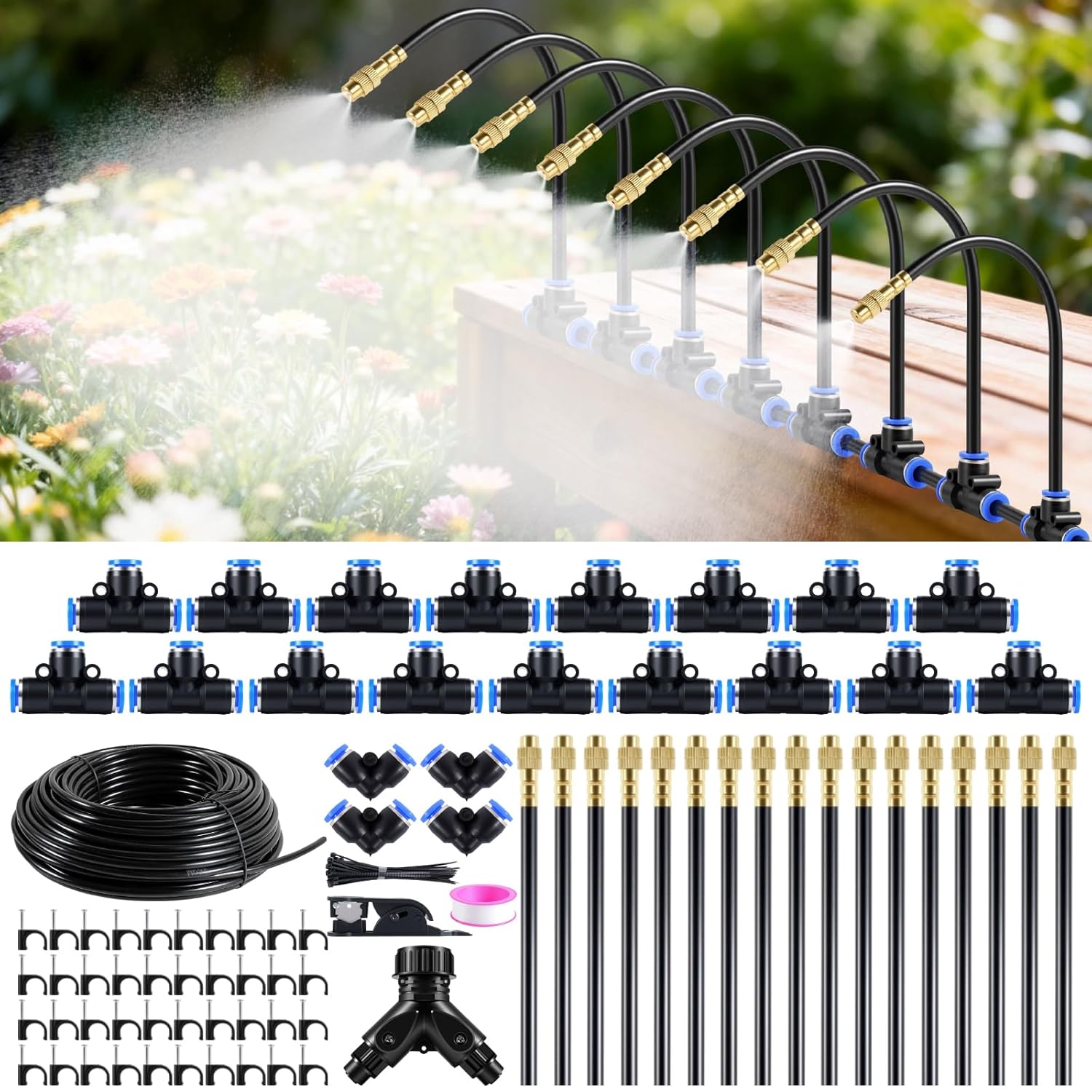100FT Drip Irrigation System,Garden Watering System with 17 Copper Nozzles&1/4" Tubing, 360° Adjustable Irrigation System for Garden,Automatic sprinklers for Yard,Raised Beds&Greenhouse