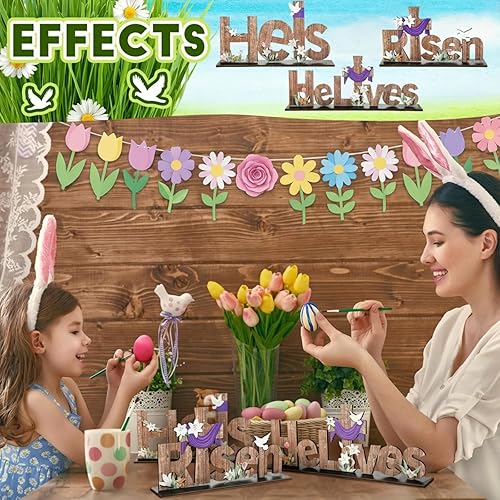 Miniatura 4 de Marsui 3 piezas de decoración de mesa de Pascua con texto en inglés "He is Risen", letreros de madera con texto en inglés "He is Risen", letreros de