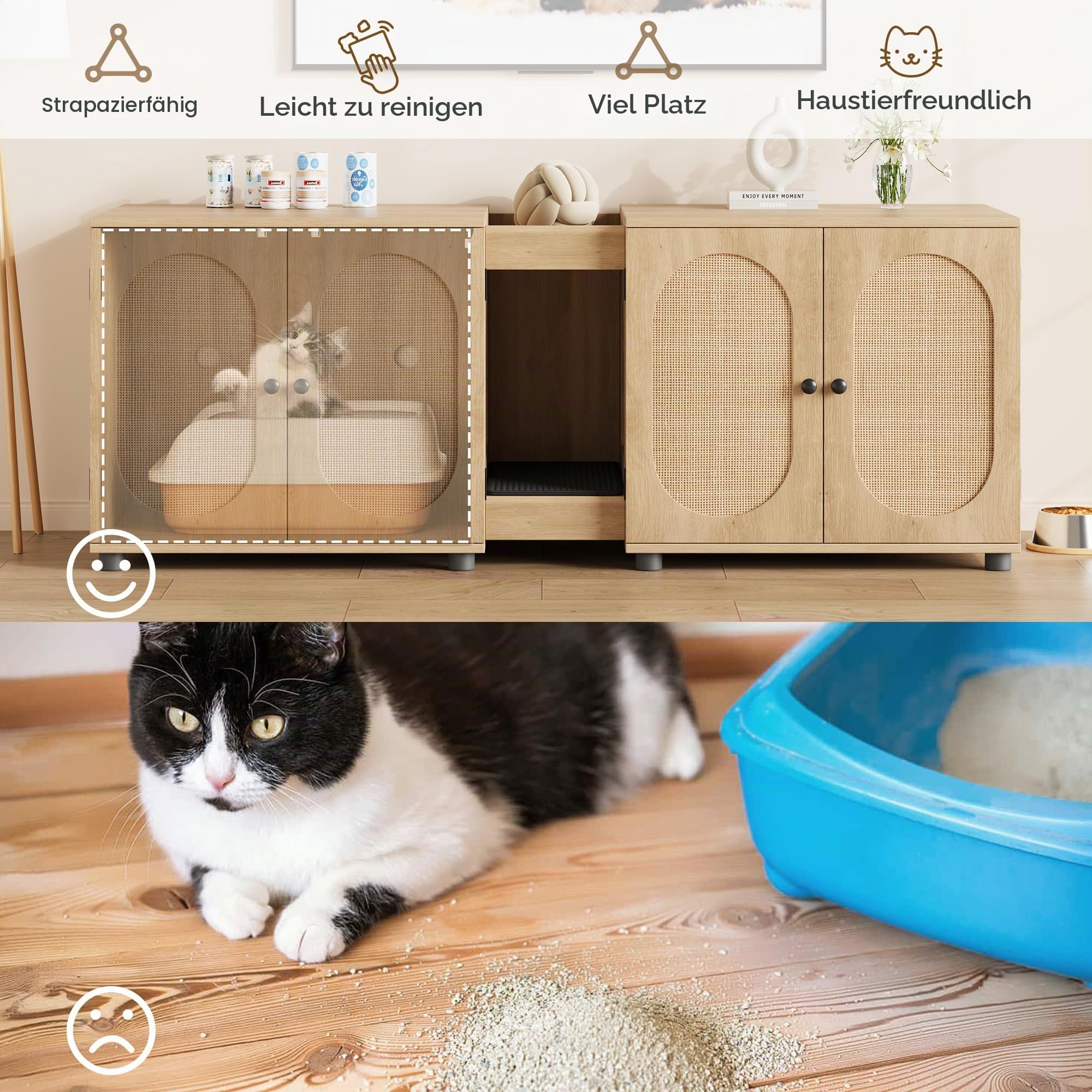 Doppeltes Katzenklo-Schrankmöbel für 2 Katzen, Großes Verstecktes Katzenhaus mit Türen, Inklusive Streuunterlage Hölzernes Haustierhaus Beistelltisch für Wohnzimmer, Schlafzimmer, Flur，Holz