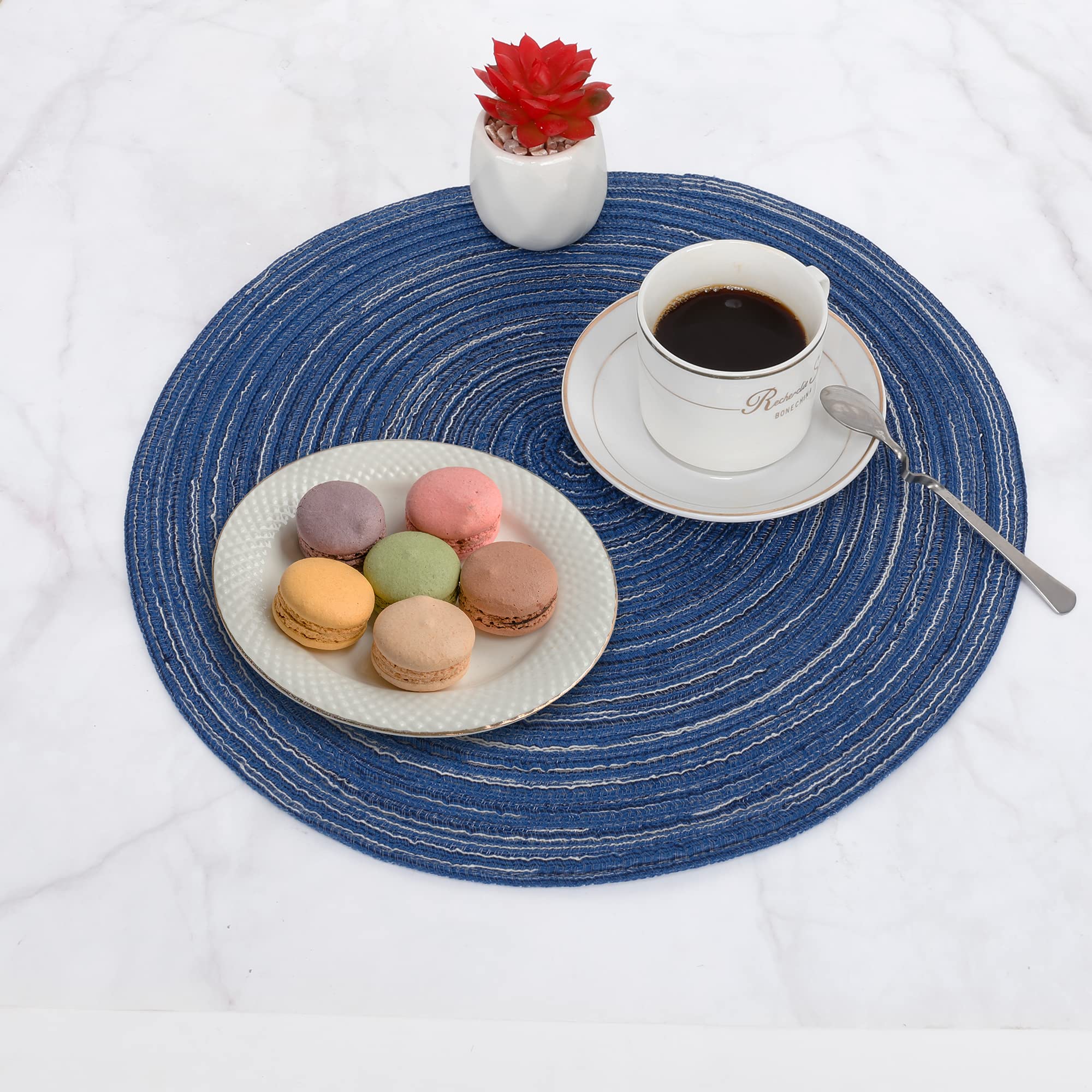Set Van 6 Ronde Geweven Placemats 38cm, Polyester Met Buitenring Set Van 6 Ronde Geweven Placemats 38cm, Polyester Met Buitenring