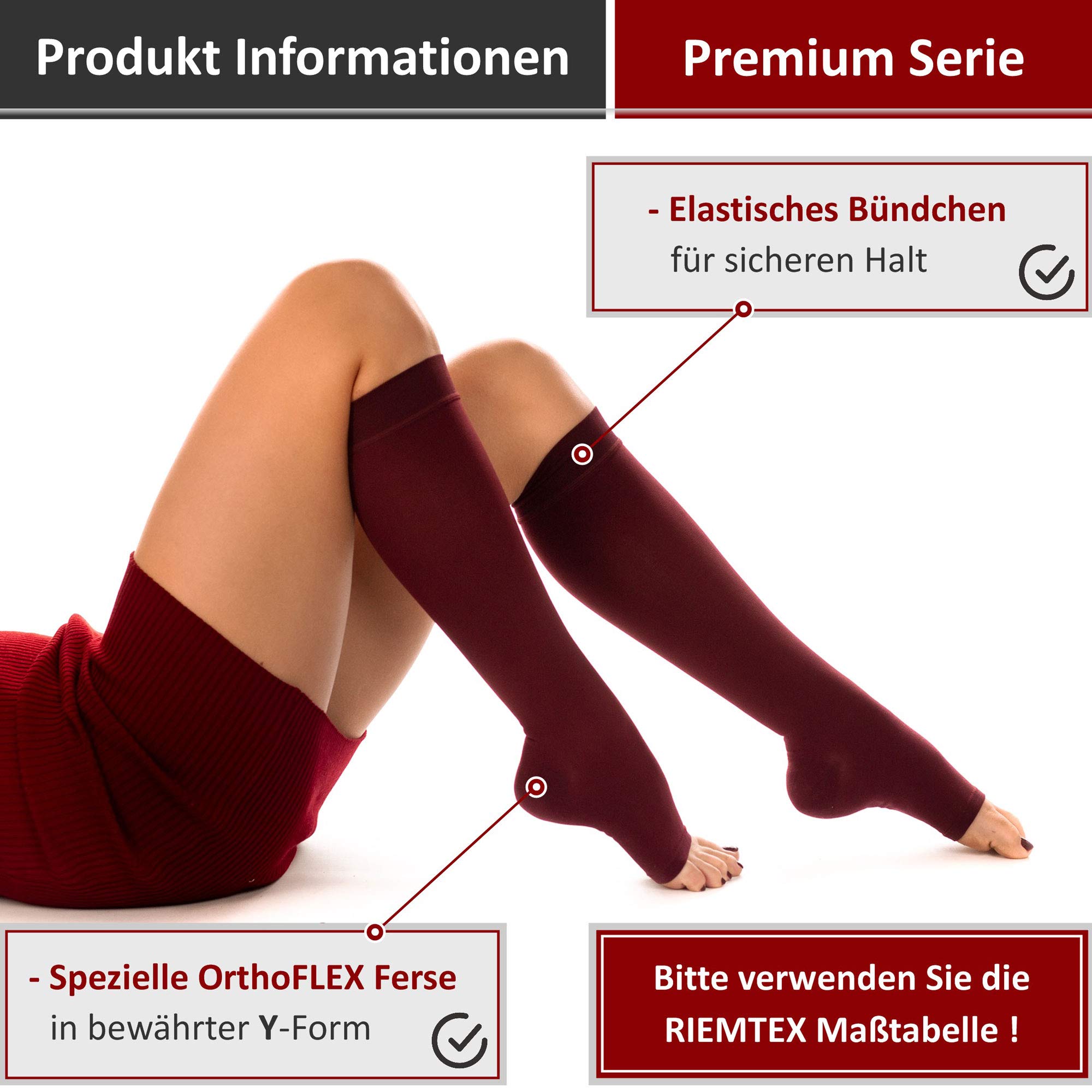 RIEMTEX med. Kompressionsstrümpfe Klasse 2 CCL2 23-32 mmHg Wadenstrümpfe Offene Spitze für Damen PREMIUM Serie 3211