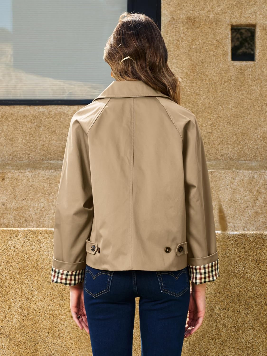 ELLEVEN Womens Oversize Trench Coat, Plaid Lining Single Breasted Fall Crop Jackets with Pockets Fashion Outerwear - Image 5