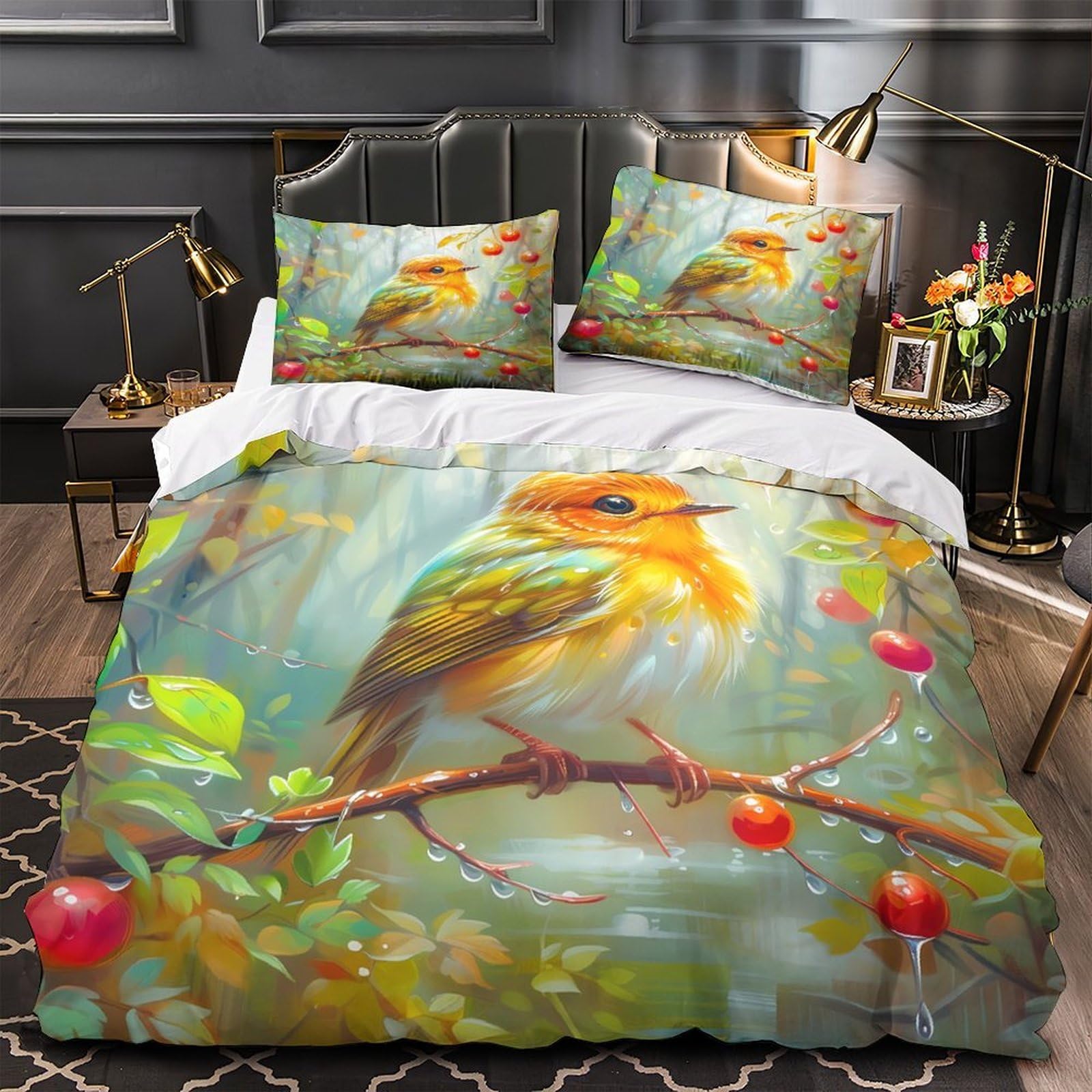 Housse de couette oiseau coloré 3D microfibre hypoallergique avec zip