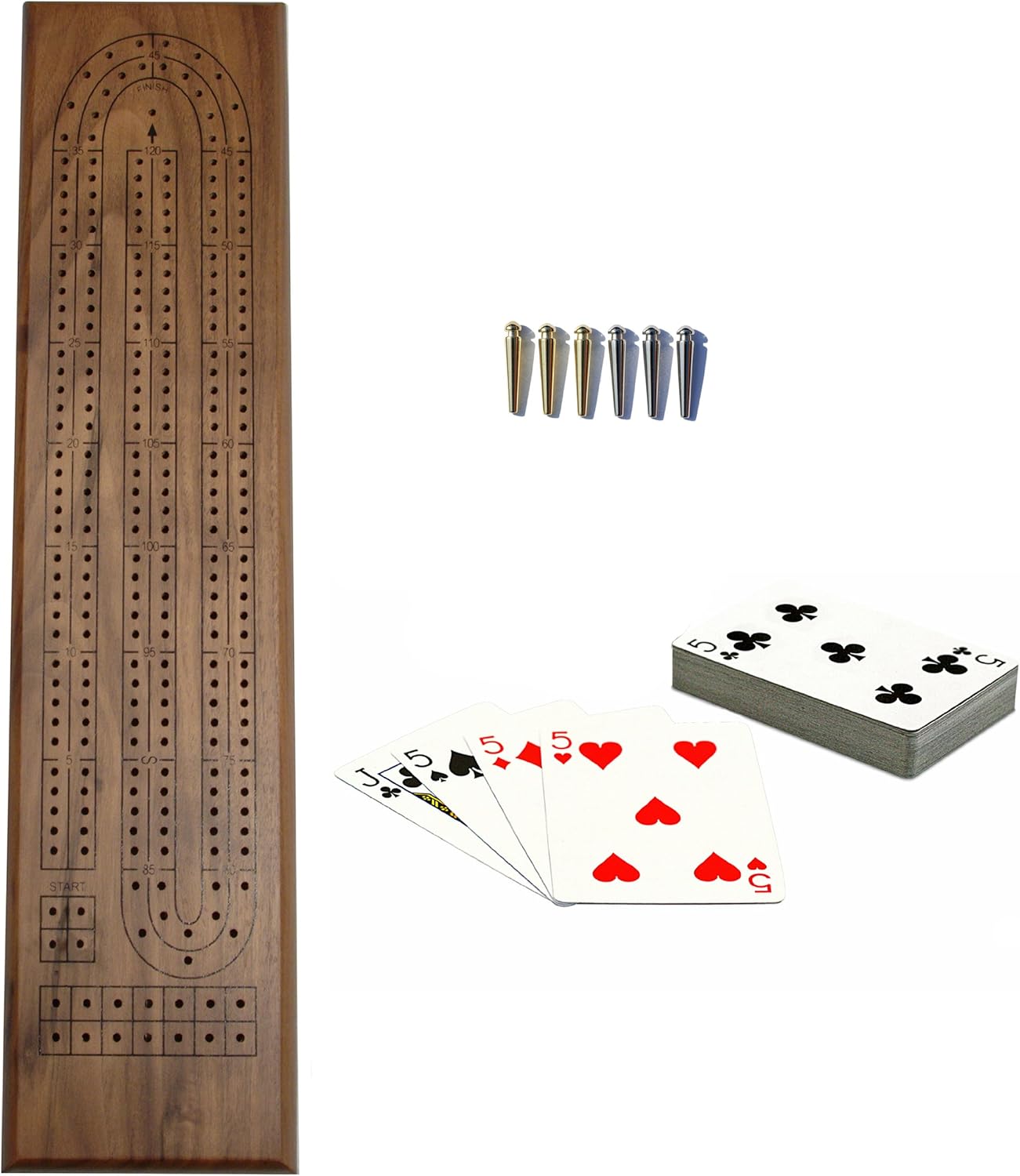 WE Games Deluxe Cribbage Set - Solid Walnut Wood Continuous 2 Track Board with Easy Grip Pegs, Cards & Storage Bag