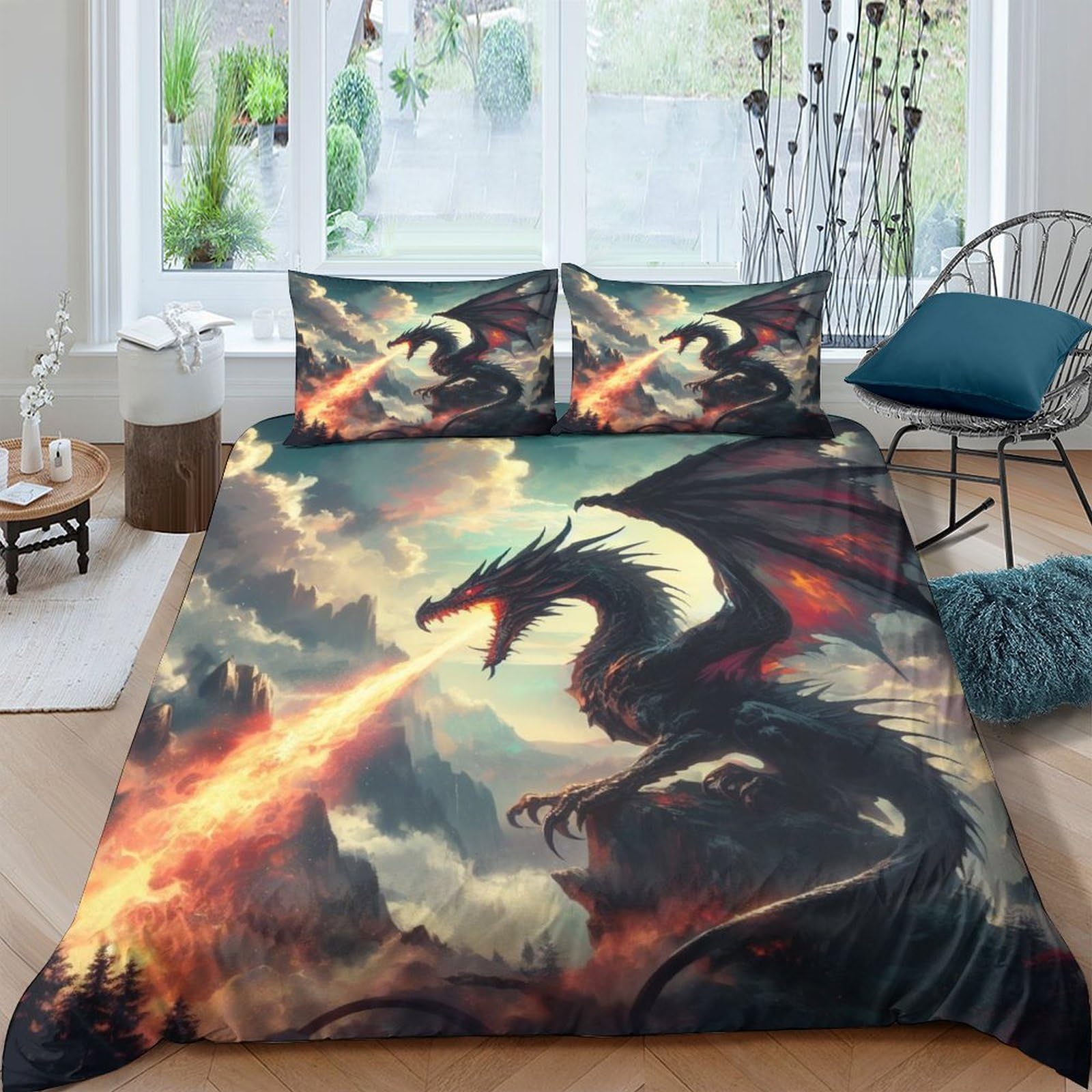 Tnfhsoft Girls Flying Dragon-16 Flying Dragon 3D Duvet Cover Flame Dragon Soft Comfortable Quilt Cover Breathable Quilt Cover Comforter Cover For Boys Bedding Set Double（200X200cm）