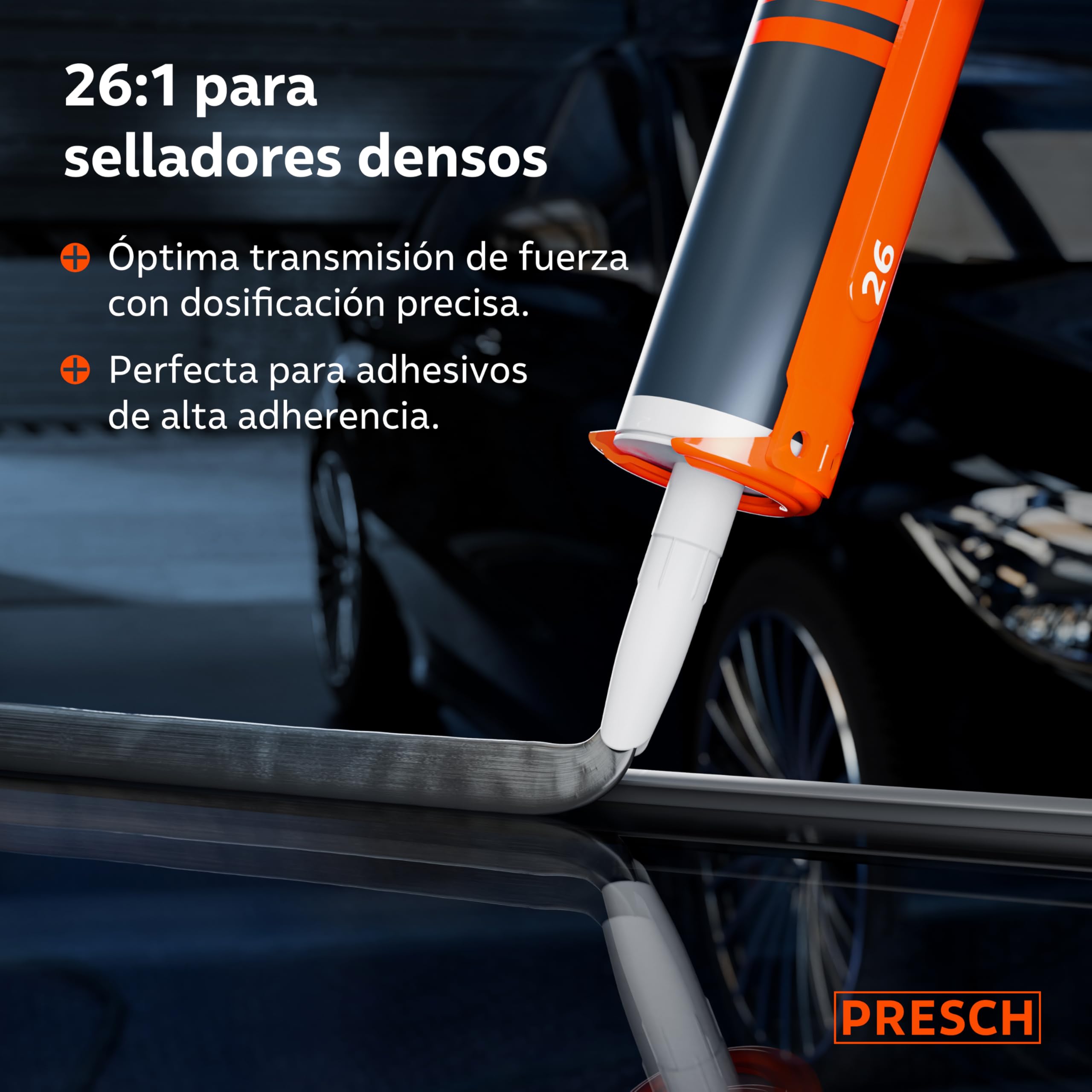 Presch Juego Pistola Silicona 26:1 & 12:1 con antigoteo – Para cartuchos hasta 310 ml (acrílico, silicona, adhesivo alta adhesión) – Cartuchera pistola giratorio 360° incl. aguja de perforación