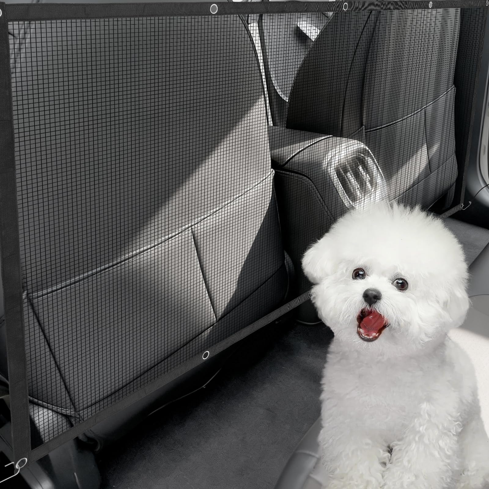 divisorio auto per canii 115 × 62 cm,rete per cani auto per cani, Robusto sedile posteriore per auto per cani con 4 ganci e 2 corde regolabili - rete divisoria auto per cani per SUV, station wagon