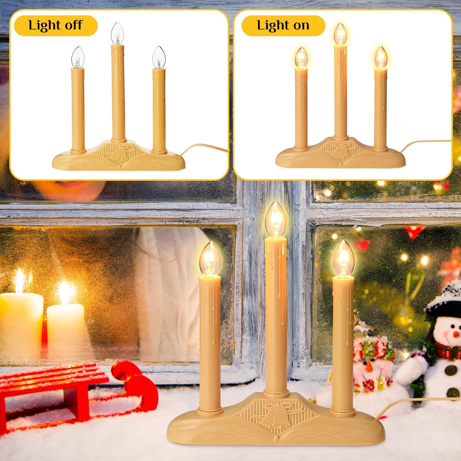 Uiifan 6 Pack 4 Pack 3 Light Electric Candle Candoliers Christmas Candle Shape Lamps with 3 C7 Clear Bulbs and 3 Ft Wire, 5 Watts Plug in Electric Window Candles for Xmas Supplies Decorations (Ivory)