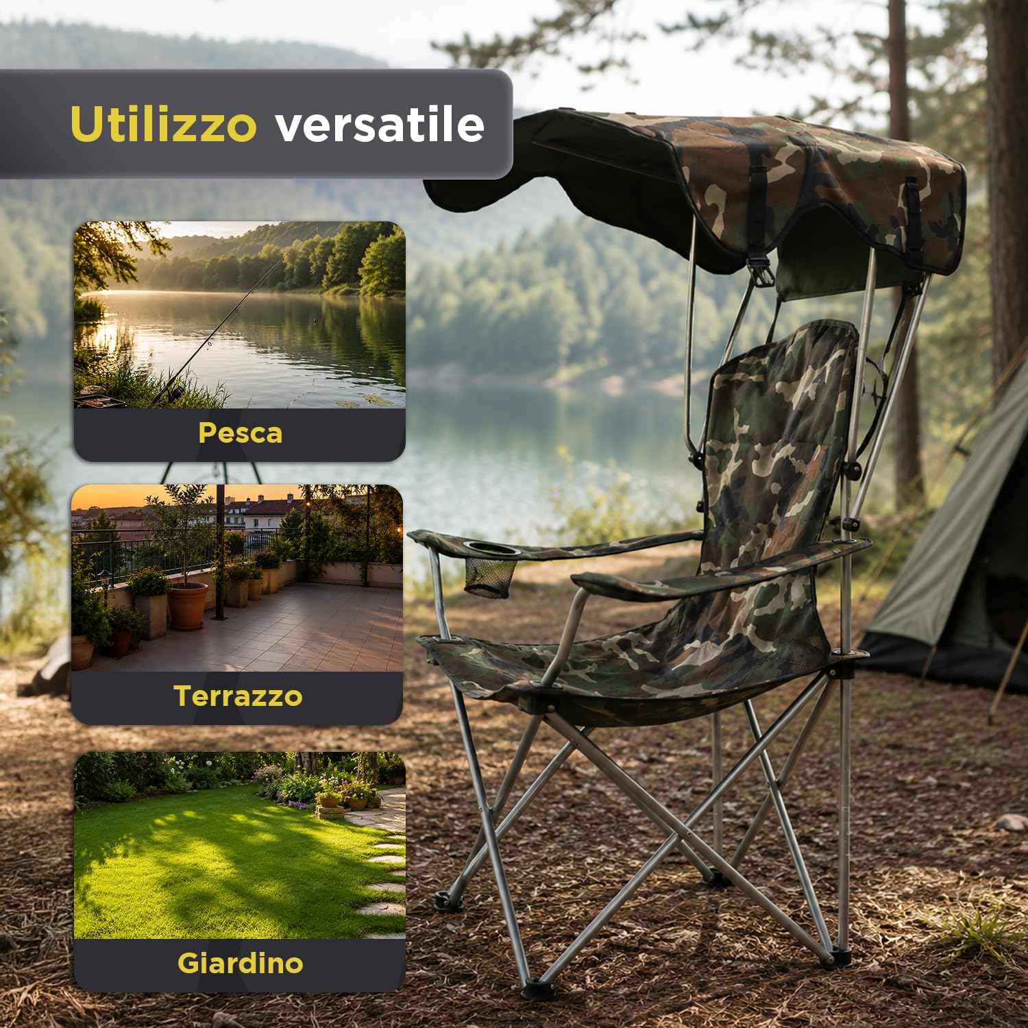 Avilia - Sedia da Campeggio Pieghevole con Tettuccio Parasole – Tessuto Oxford e Acciaio al Carbonio, 120 kg | Sedia Pieghevole Campeggio Camouflage, Aperta L53×P77×A130 cm – Chiusa L19×P19×A87 cm