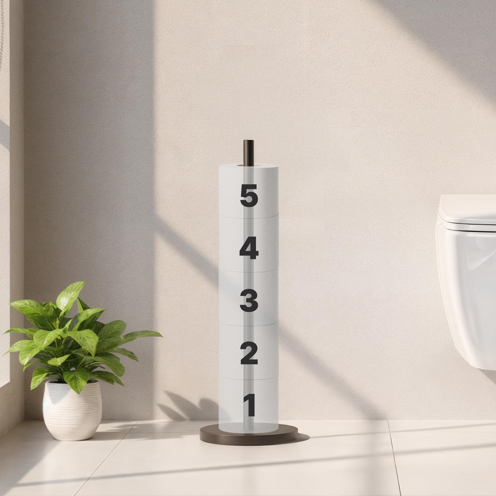 Minismus portarrollos Papel higienico de pie con Base ponderada para Uso Estable, portarrollos de Papel higiénico de Acero Inoxidable con Espacio para 5 Rollos de Repuesto, cómodo y práctico