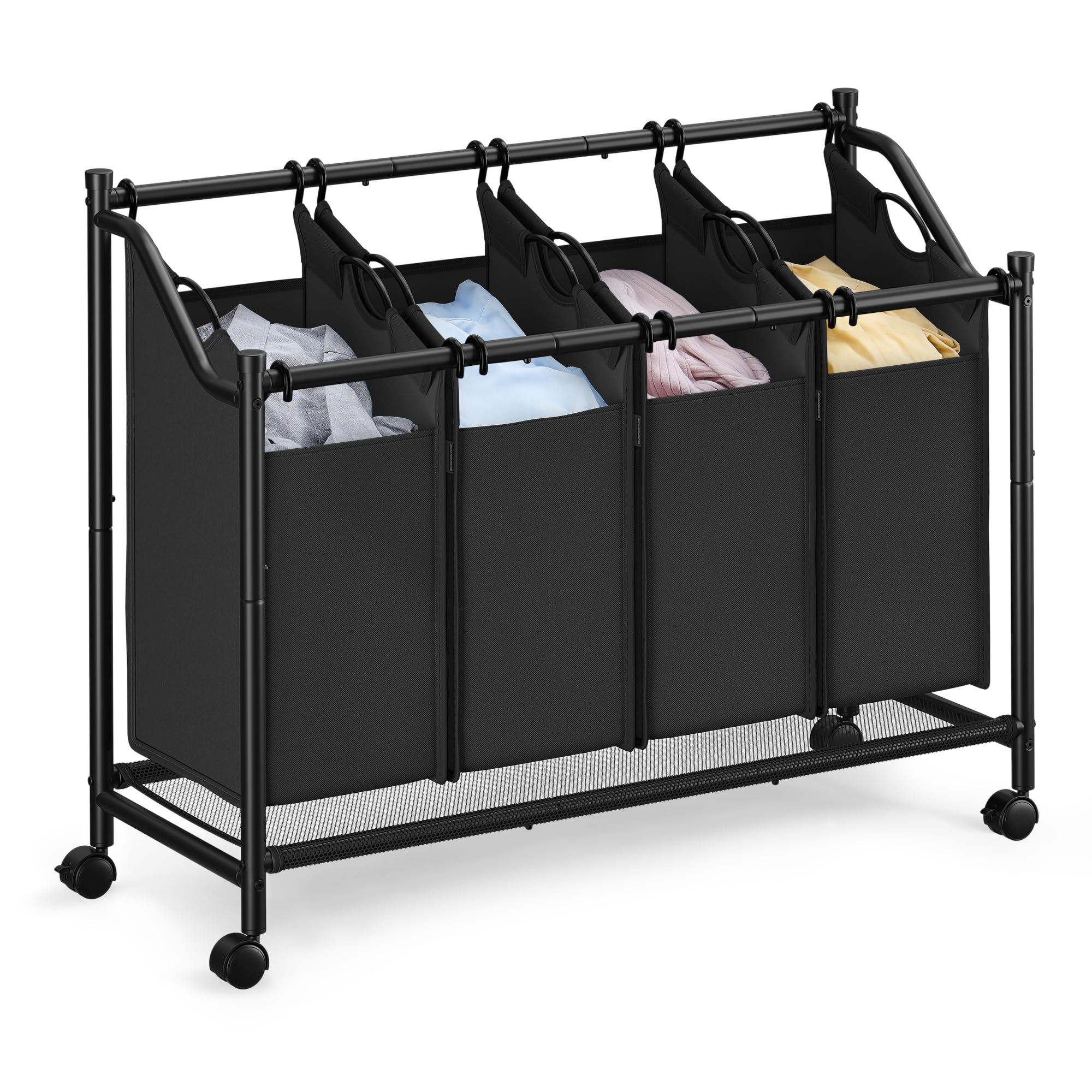SONGMICS Wasmand met wielen, wasopvangbak, waswagen, rond, stalen frame, verwijderbare waszak, 4 wielen, waarvan 2 met rem, zwart-zilver RLS001B01