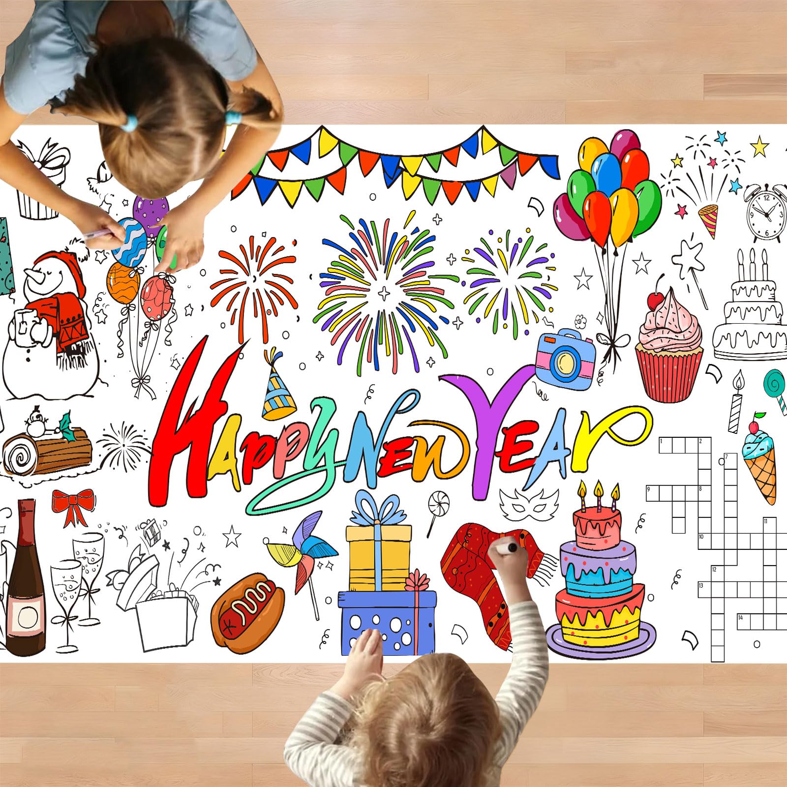 Fogcosy Black,White Happy New Year Tablecloth Coloring Poster, 30 X 72 Inch Giant Craft For Kids Coloring Tablecloth, Paper New Year Tablecloths Rectangular Table Cover, Ideal For New Year's Eve Party Decorations