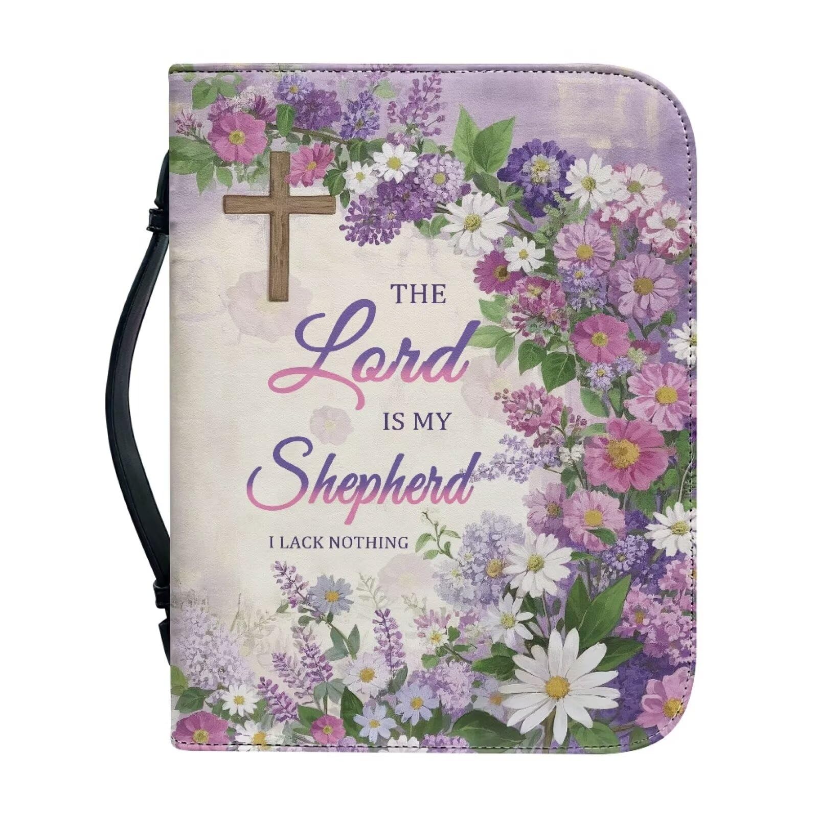 Kuiaobaty Floral Cross Bible Covers for Womens, Purple Book Bag with Handle Slashproof Carrying Book Case for Standard Size Bible, 4 Size