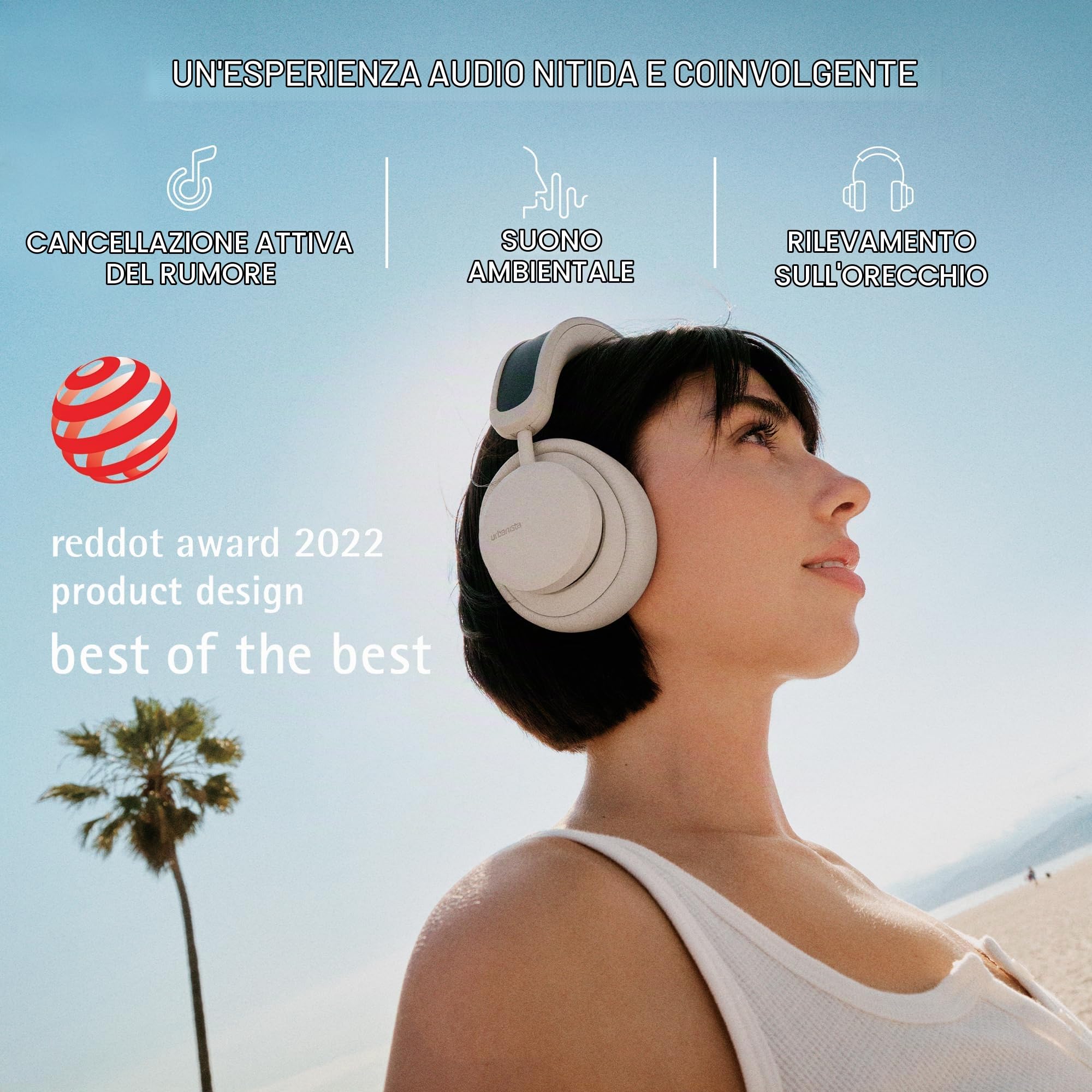 Urbanista Los Angeles Cuffie ad energia solare con cancellazione attiva del rumore con tempo di gioco infinito, Powerfoyle Autocaricante Wireless Cuffie Over Ear Bluetooth 5.0, Deserto Grigio