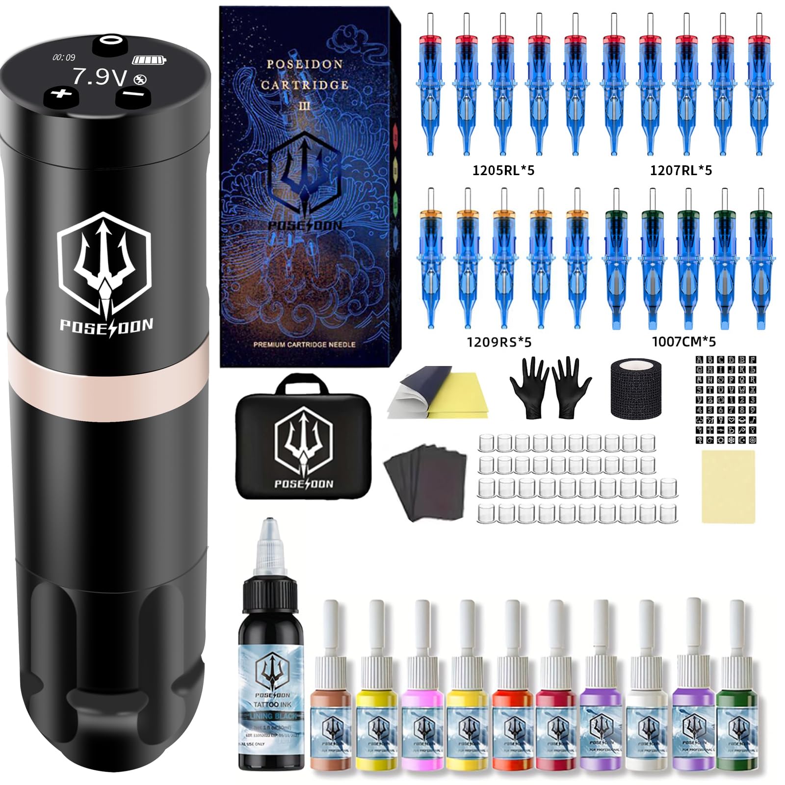 POSEIDON Wireless Tattoo Pen Kit - Professional Cordless Tattoo Gun with 1500mAh Battery, 20 Cartridge Needles & Smart OLED Display | Japanese Coreless Motor | Complete Starter Supplies (PK-HM124)
