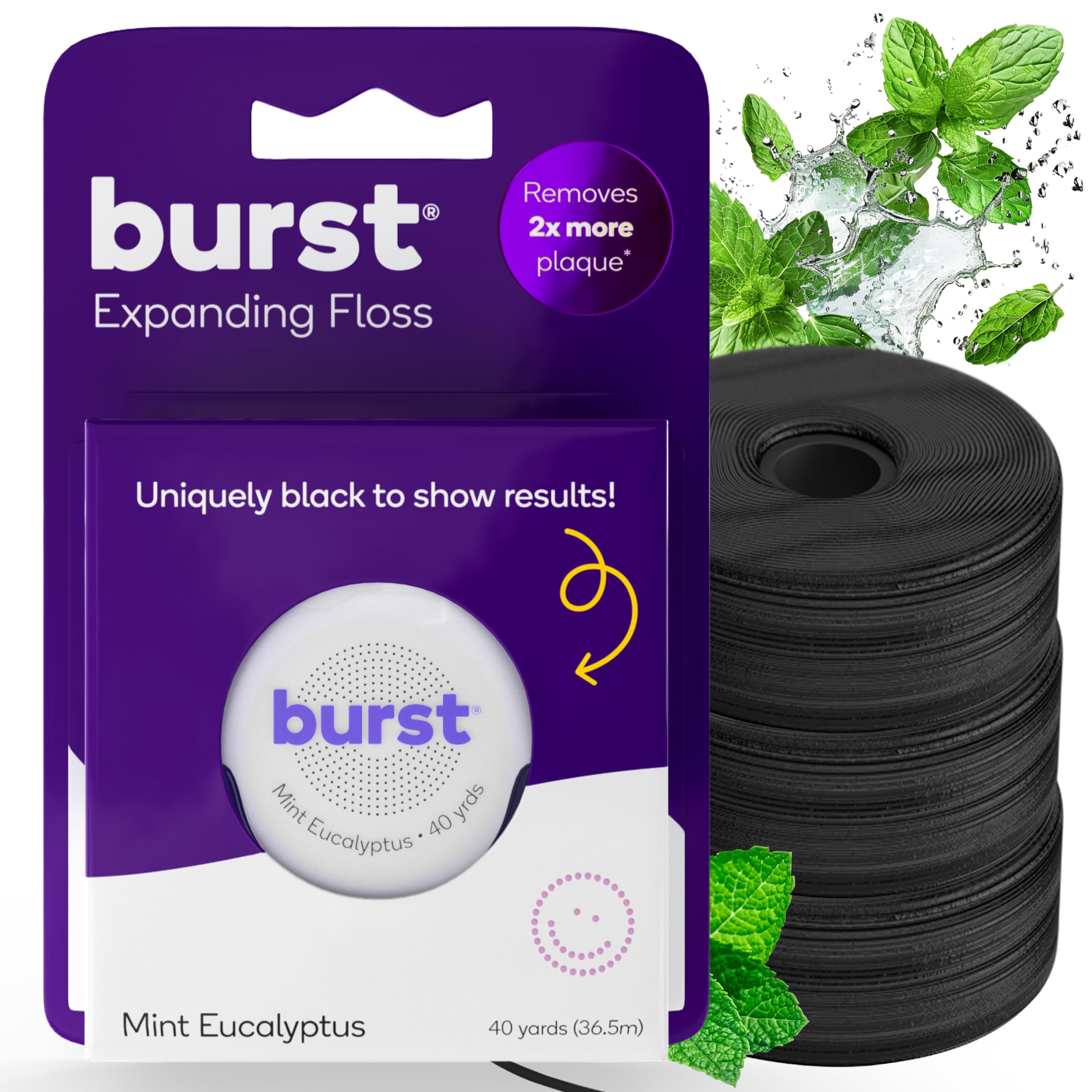 BURST Expanding Dental Floss Kit (Mint Eucalyptus/120 Yards/Starter Kit + 3 Refills) | Stain Absorbing & Woven Tooth Floss with Xylitol Coating to