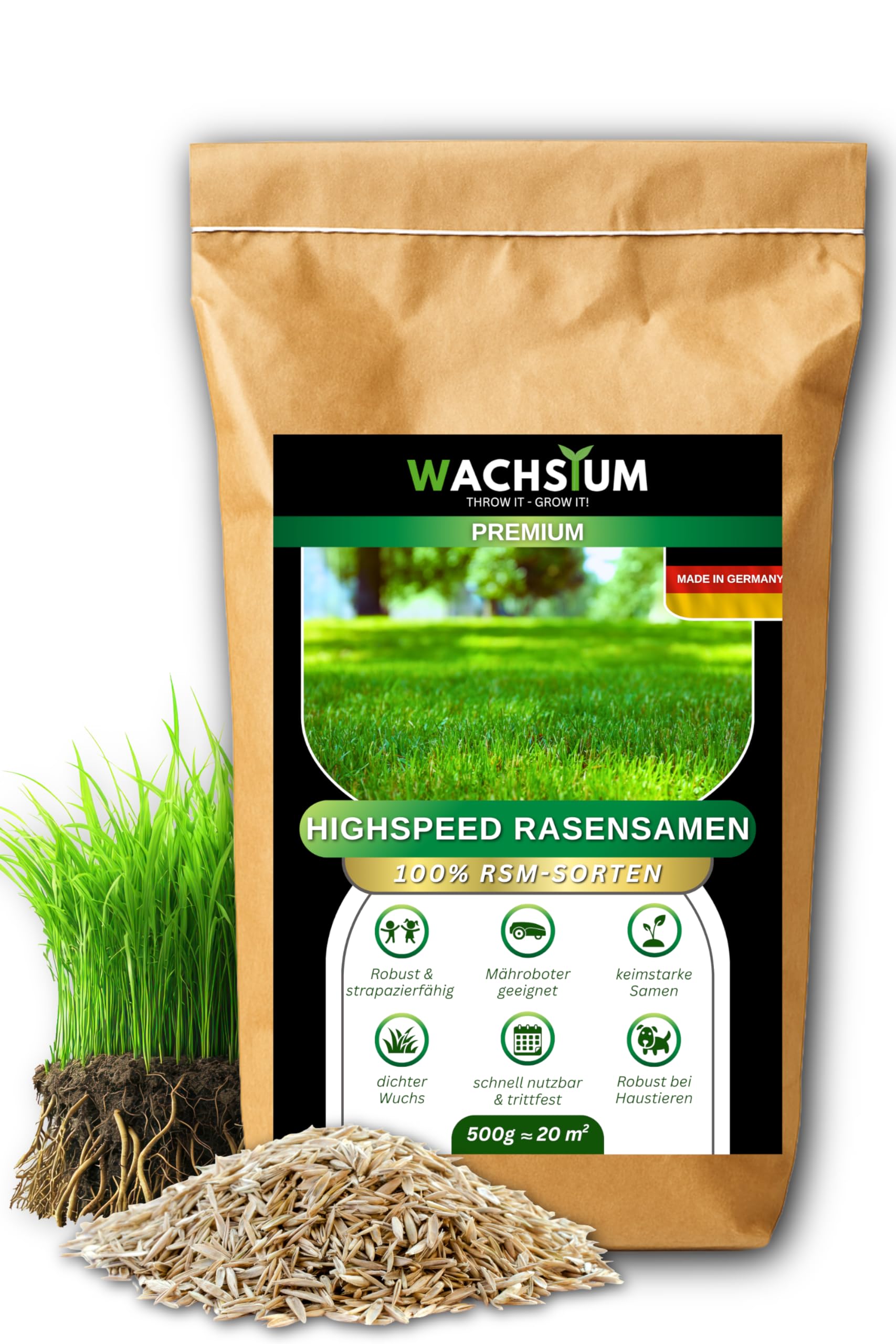 Rasensamen schnellkeimend 0,5kg 20qm – Frühjahr und Sommer Premium Grassamen Nachsaat, dichter strapazierfähiger Rasen, Mähroboter geeignet – kräftiges Wachstum, RSM Qualität,