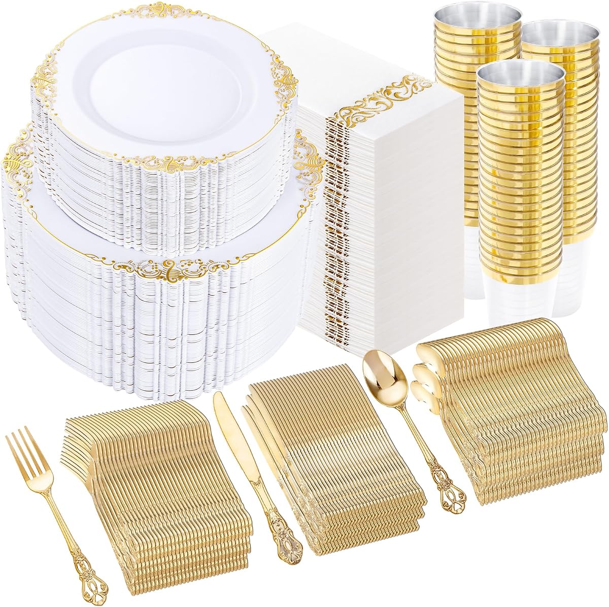 YOUBET 700PCS White and Gold Plastic Dinnerware Set for Wedding Party | White and Gold Disposable Plates Include 200 Plates, 300 Heavy Duty Plastic Silverware, 100 Cups,100 Napkins
