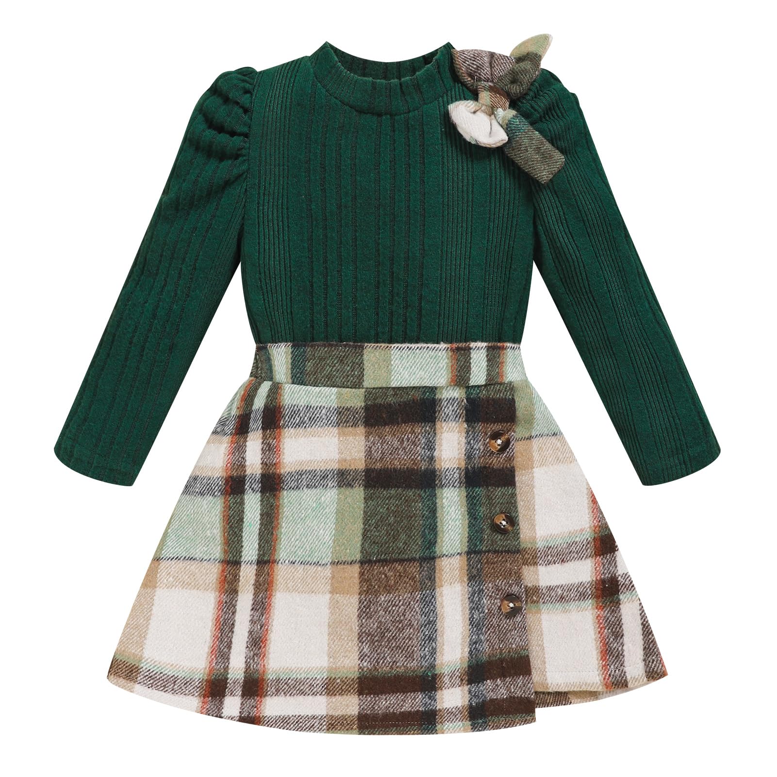 Toddler Girl Plaid Outfits Fall Winter Dress Knit Ribbed Bow Sweatshirt Tops and Button Fashion Skirts Set
