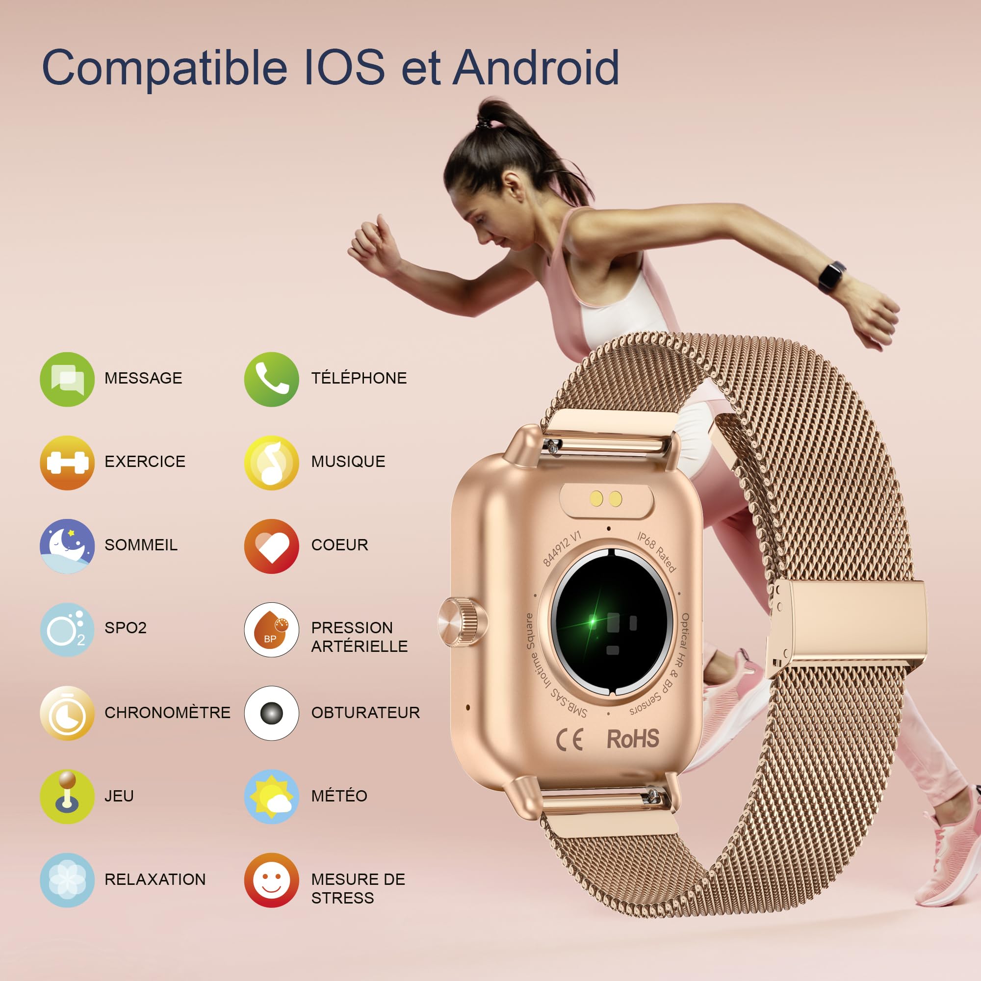 Digitec Montre connectée Square dorée-Rose avec Bracelet en Acier Maille milanaise dorée-Rose, Homme Femme, Suivi activité et Sommeil