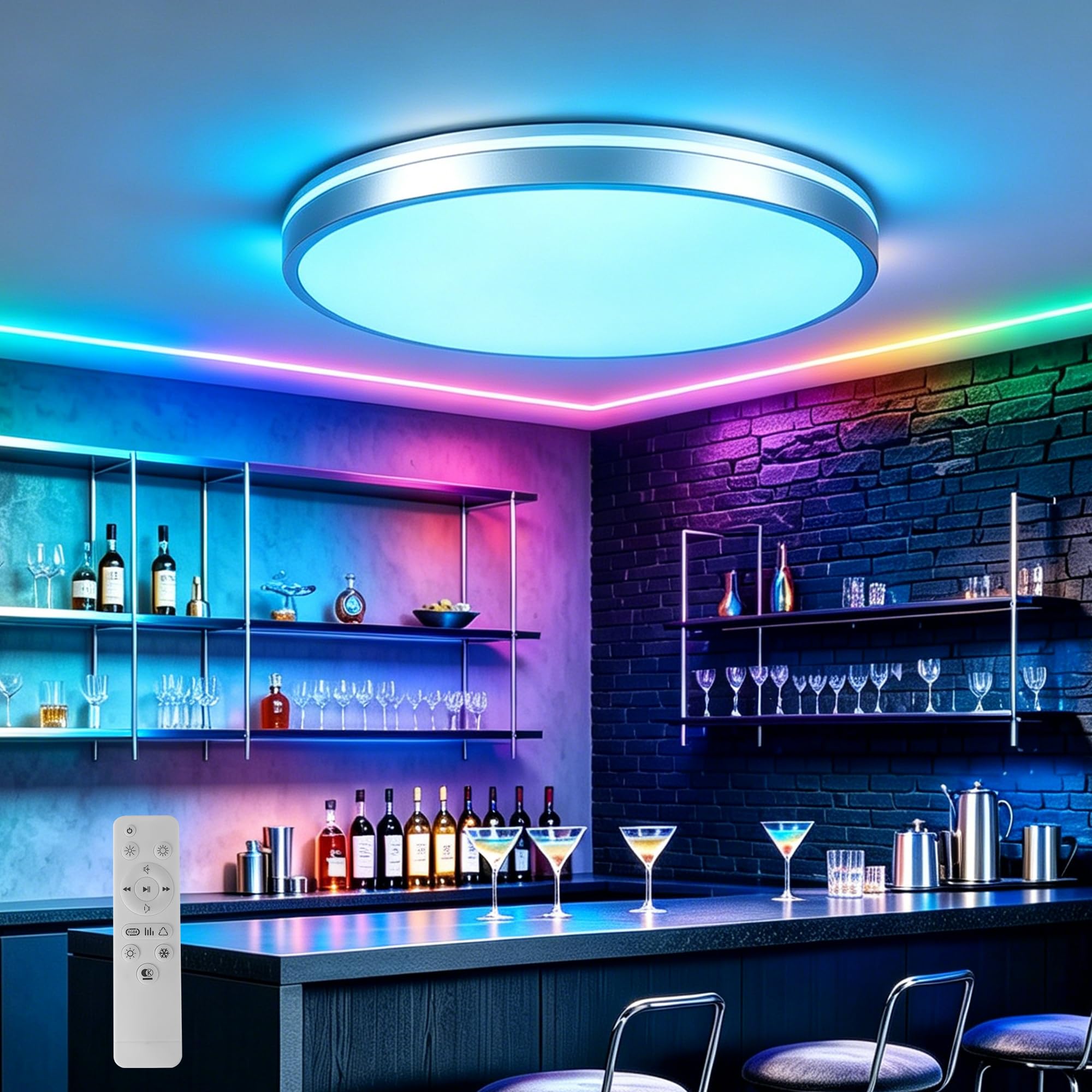 Horevo LED Ceiling Light with Bluetooth Speaker, Remote Control Silver 24W Ceiling Lamp (30cm, 2000 Lumen, Dimmable, 3 Colour Temperatures, for Bedroom Hallway Bathroom)