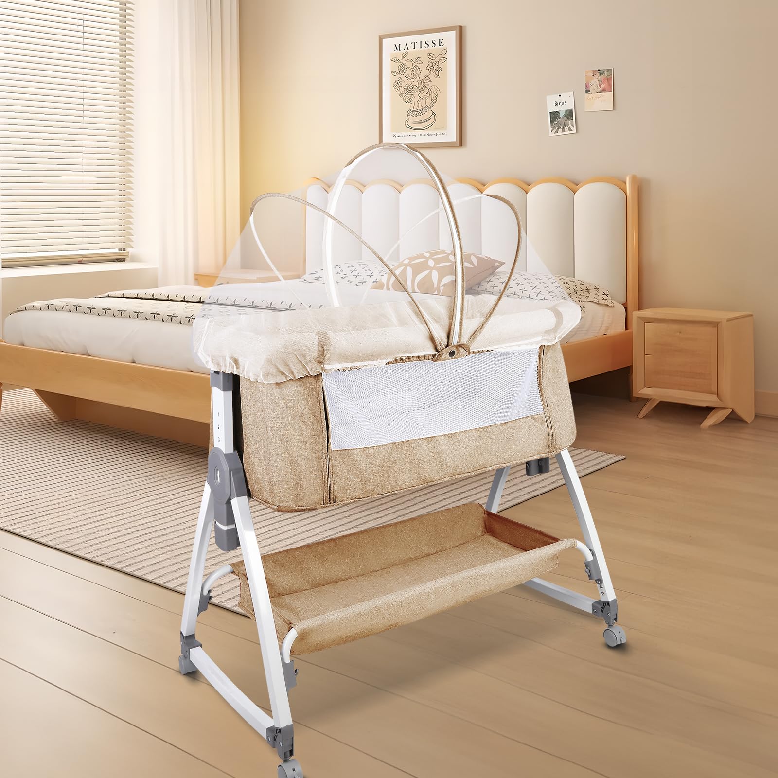 3 in 1 Berceau Cododo avec Matelas et Moustiquaire Lit pour Les Bébés de 1 à 36 Mois Pliable Berceau bébé Mobile Lit d'Appoint,Lit cododo,Inclinaison réglables (Blanc de riz（80*40*100-115cm）)