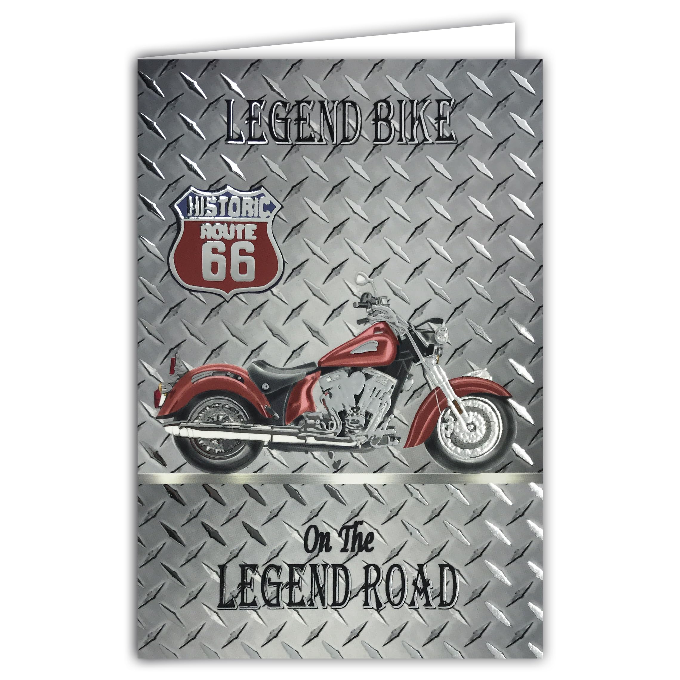Historic Route 66 Legend Bike on the Legend Road Official Licence Card – Shiny Silver – Open Card White 23 x 17 cm – with White Envelope 12 x 17.5 cm – Birthday Leaving Retirement Party