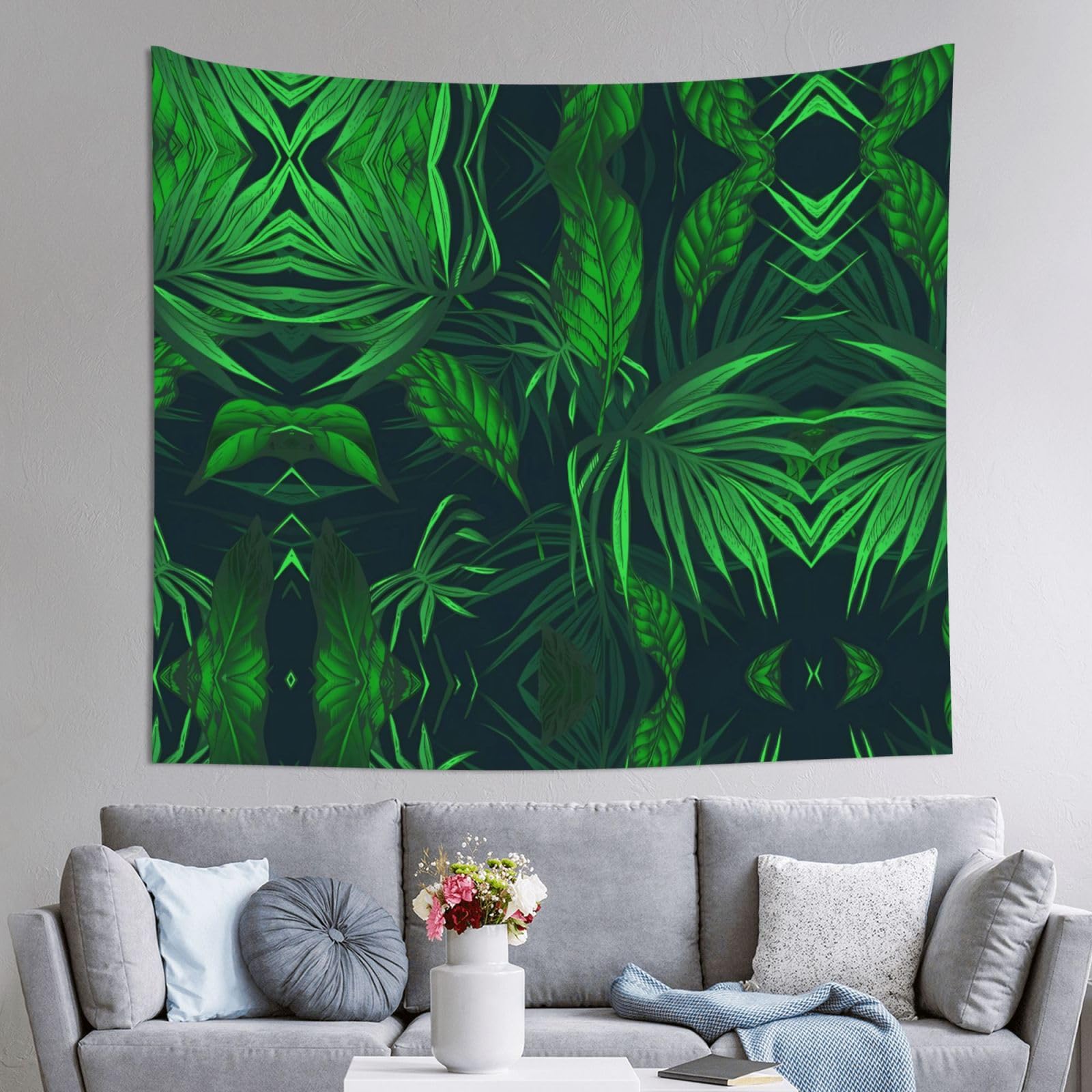 HLSBSSL 60x51in Green Tropical Jungle Plant Printed Tapestry Tablecloth for Dormitory and Picnic Rooms - Multifunctional Fabric Hanging