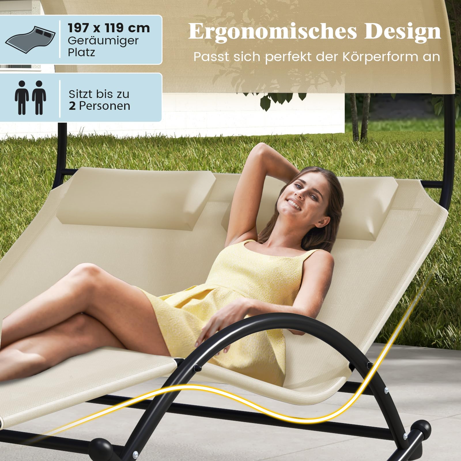 COSTWAY Leżak do opalania dla 2 osób, podwójny leżak z dachem i 2 zdejmowanymi zagłówkami, ergonomiczny leżak ogrodowy, huśtawka do 300 kg, leżak relaksacyjny do ogrodu, na taras (beżowy)