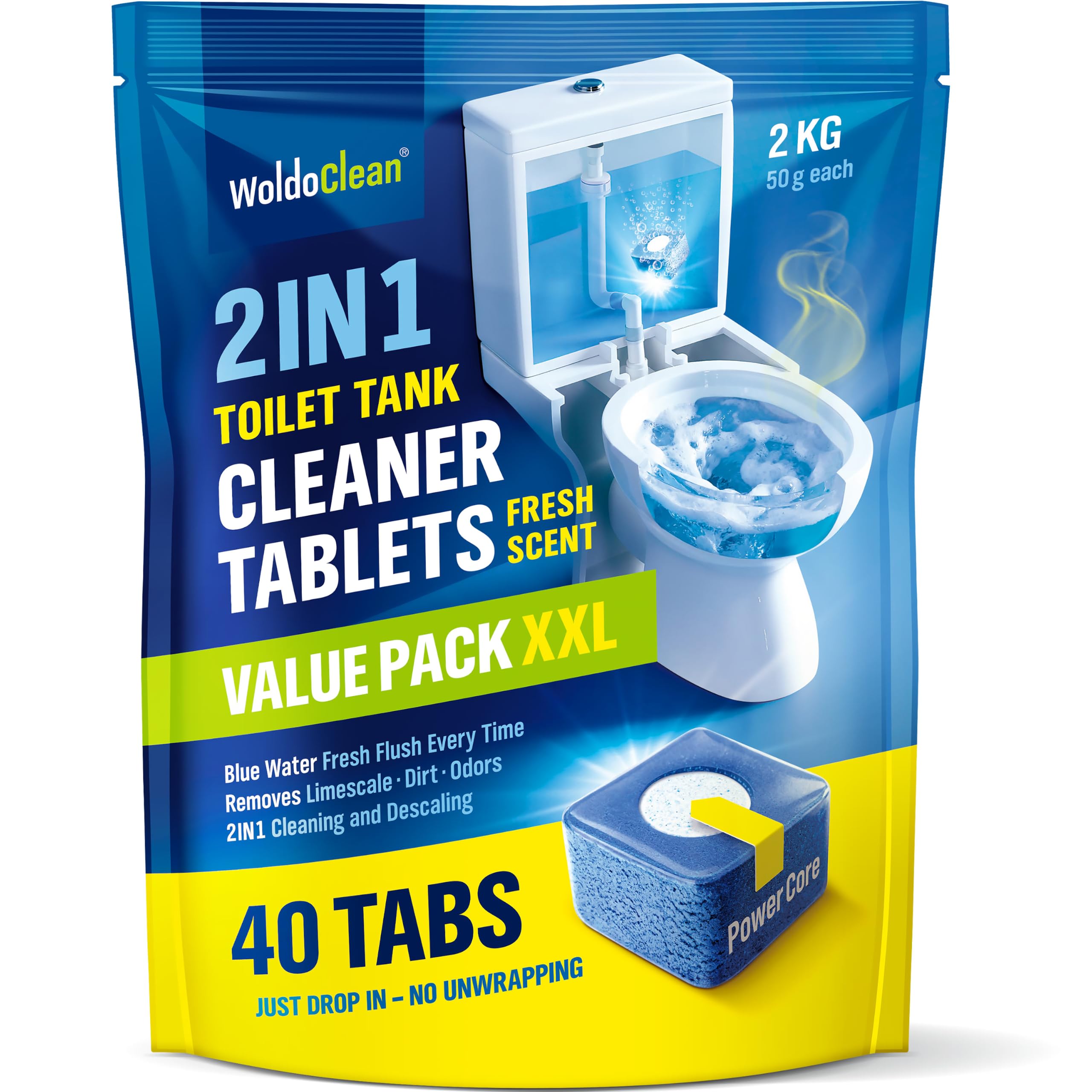 WoldoClean 2in1 Pastillas Cisterna WC Limpiador – Antical Agua Azul 40 | discos WC, limpiador inodoro, antical, inodoro sin reborde, empotrada