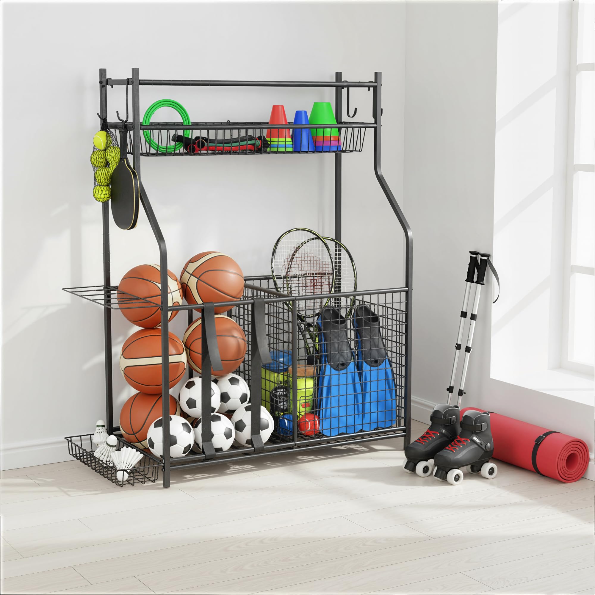 SPORTNOW Rangement d'Équipements de Sport, Organisateur d'Équipements de Sport pour Balles, Jouets avec Paniers, Crochets Amovibles, Sangles Élastiques, pour Intérieur, Extérieur, École, Garage, Noir