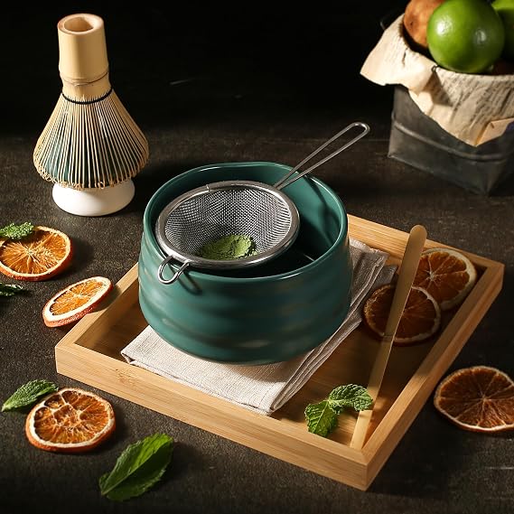 Ceremony Matcha Kit - Traditional Bamboo Matcha Whisk (Chasen) Scoop (Chashaku) Chawan Bowl with Pouring Spout Whisk Holder Sifter Tea Tray- The Perfect Matcha Set (Set of 6, Pink)