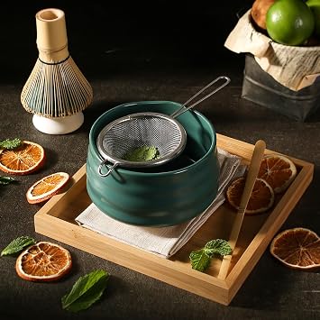 Ceremony Matcha Kit - Traditional Bamboo Matcha Whisk (Chasen) Scoop (Chashaku) Chawan Bowl with Pouring Spout Whisk Holder Sifter Tea Tray- The Perfect Matcha Set (Set of 6, Pink)