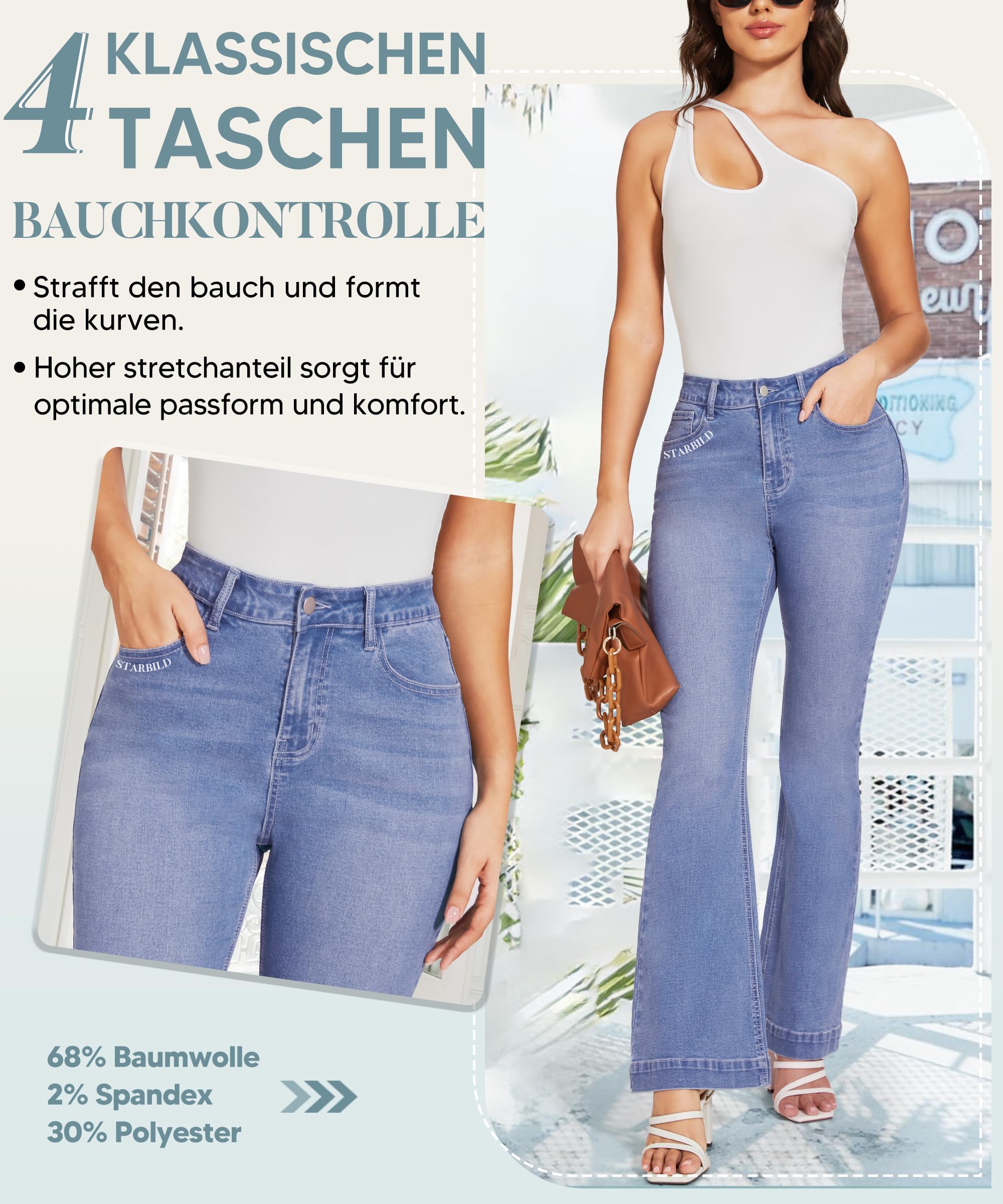 STARBILD Flared Fit Jeans High Rise Évasé avec Poche Cargo pour Femme, Stretch Jegging Bootleg Taille Haute Pantalon à Patte Éléphant