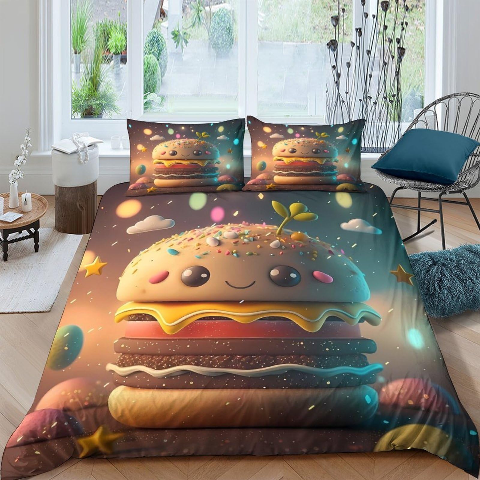 Ctjqhvkz Style-8 3D Printed Cartoon Burger Fitted Sheet Microfiber Fun Bedroom Decor Colorful Mattress Cover Dorm Room Protection Single（135X200cm）