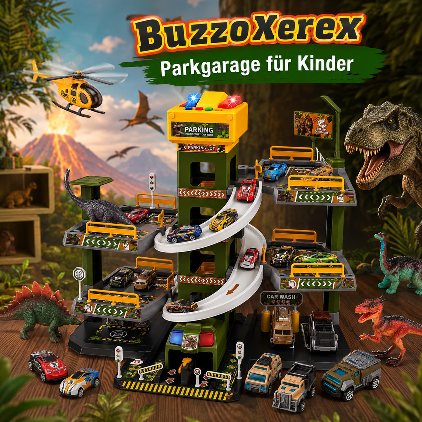 5 Stockwerke Parkgarage für Kinder, Dinosaurier-Thema Spielzeug Parkhaus mit 12 Autos und 1 Hubschrauber für Kinder, Parkhaus mit Aufzug, Geschenke für 3-9 Jahren