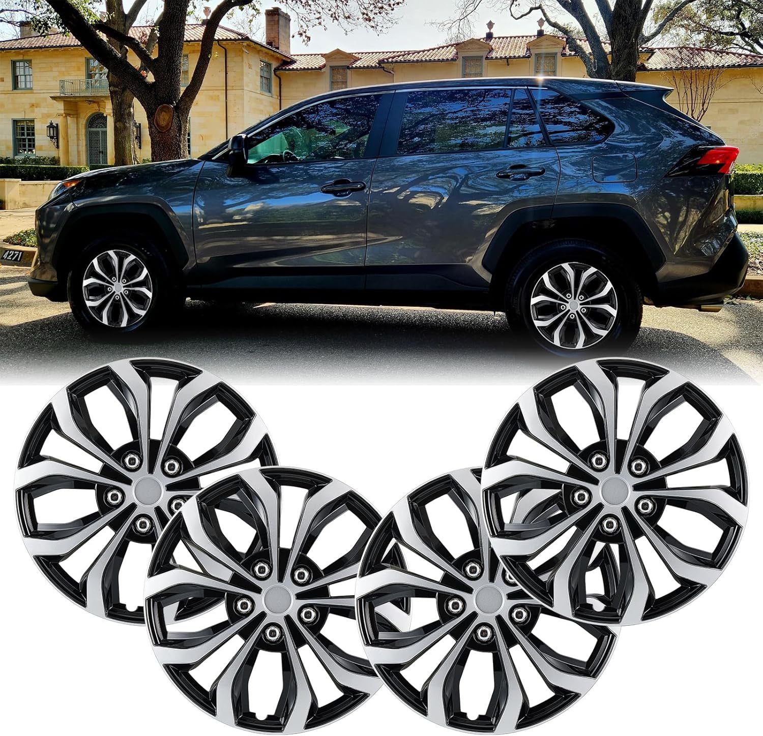 Universal 17 Inch Hub caps Wheel Covers for Cars, Set of 4 Fits Most Cars Hubcaps 17" Wheel Rim Covers Replacement Silver & Black Color