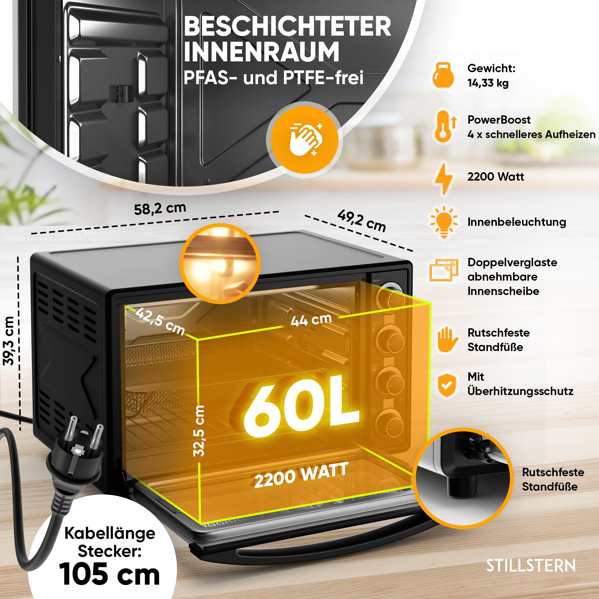Stillstern Minibackofen mit Umluft 60L (DE Version) Pizza Ø40, CYCLONE PRO+ Antihaftbeschichtung, Auftauen, 2h Timer, Camping Mini Backofen Umluft Pizzaofen Mini Ofen klein Hähnchengrill mit Drehspieß
