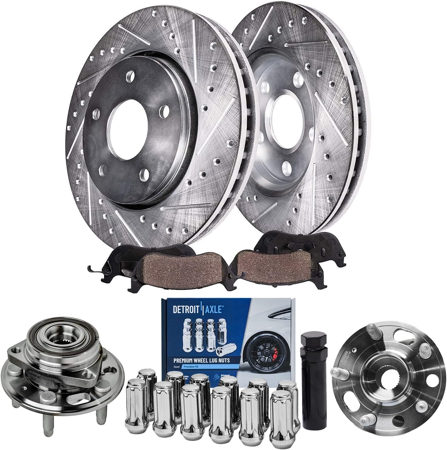 Detroit Axle - Rear Brake Kit for Buick Allure Regal Lacrosse Cadillac XTS Chevy Impala Malibu, Drilled Slotted Brake Rotors Ceramic Brake Pads Wheel Bearing Hubs Wheel Lug Nuts Socket Key Replacement