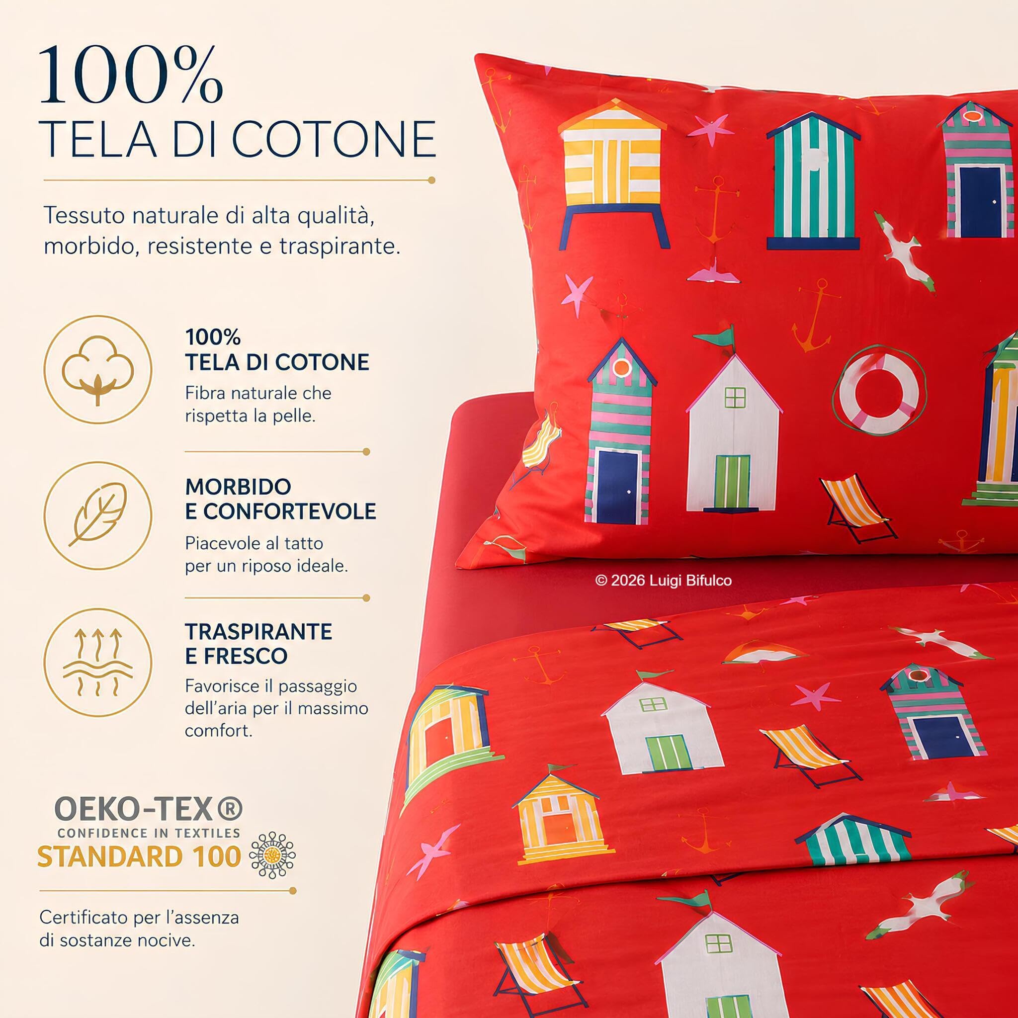 Bassetti Completo Lenzuola Una Piazza e Mezza Cabana in 100% Cotone Rosso