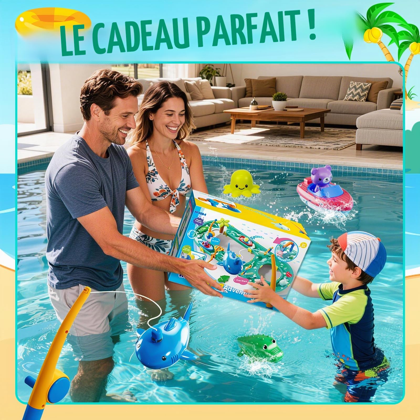 Joellfuner Circuit aquatique d'extérieur 2 en 1 pour enfants - Avec 2 bateaux, 6 figurines d'animaux, 2 pistolets à eau et fonction de pêche, jouet de table à eau pour garçons et filles (A)