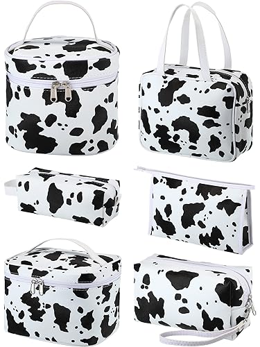 Miniatura 1 de Juego de 6 bolsas de maquillaje de viaje, bolsa de cosméticos con estampado de vaca, bolsa de maquillaje para niñas, mujeres, organizador con