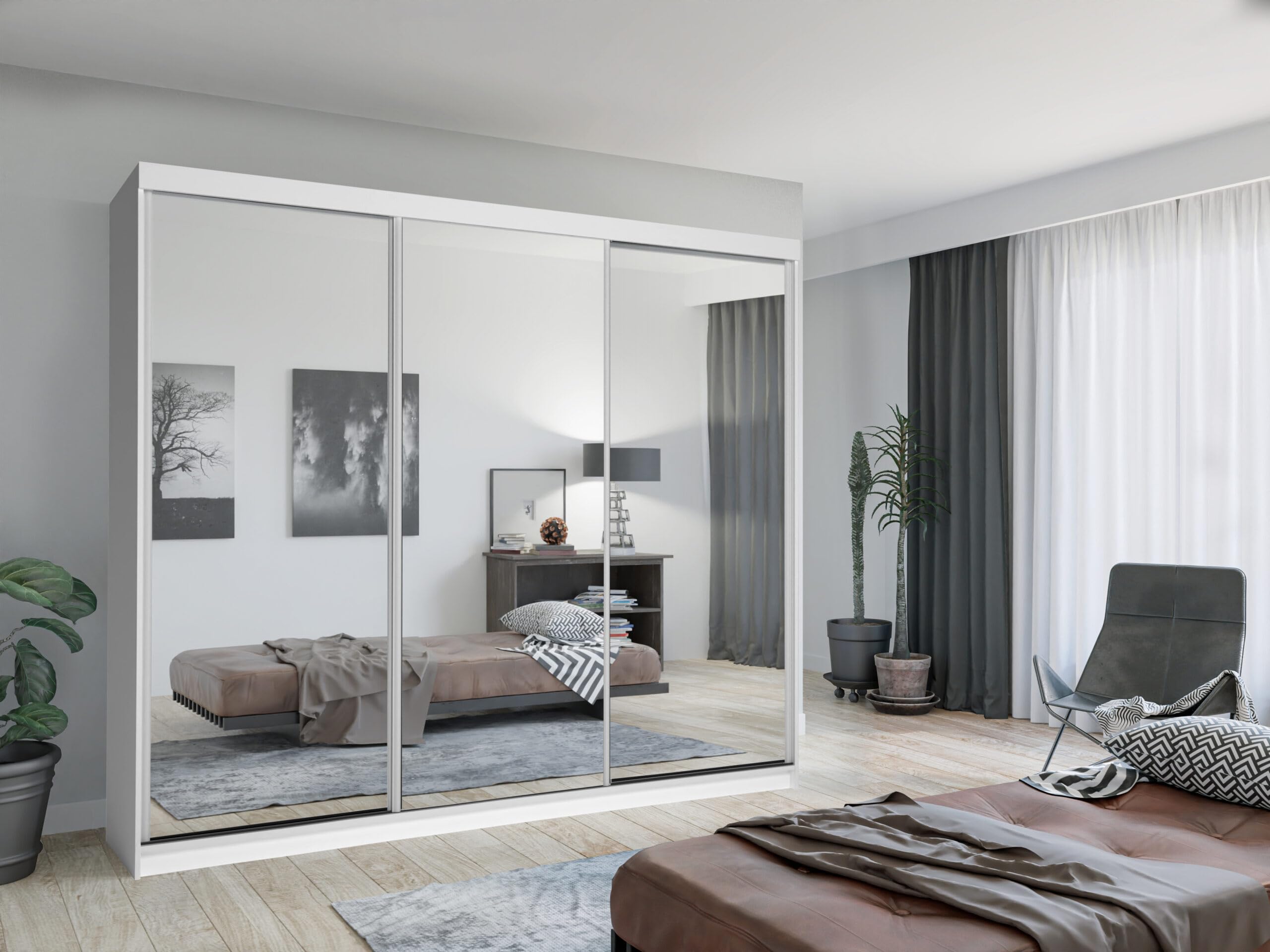 LUX Weiß Schiebetürenschrank Kleiderschrank 250x216x62 cm mit Spiegel - Schlafzimmermöbel, Aufbewahrung – Mehrzweckschrank mit 2 Kleiderstangen und 3 Schubladen