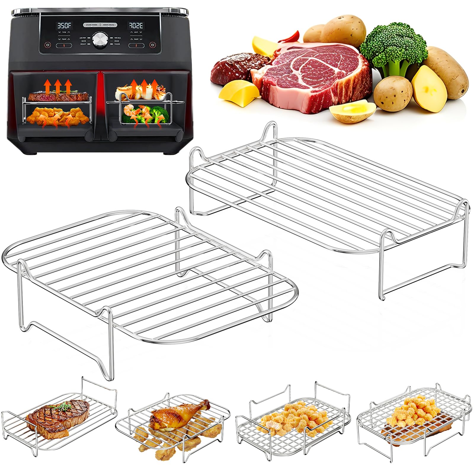 Heißluftfritteuse Zubehör Stapelbar, Grillrost #304 Edelstahl, Airfryer Zubehör für Dual Zone 7,6L–10,4L, Kompatibel mit Ninja, Cosori, Russell Hobbs, andere Doppelkammer Airfryer (2er-set)
