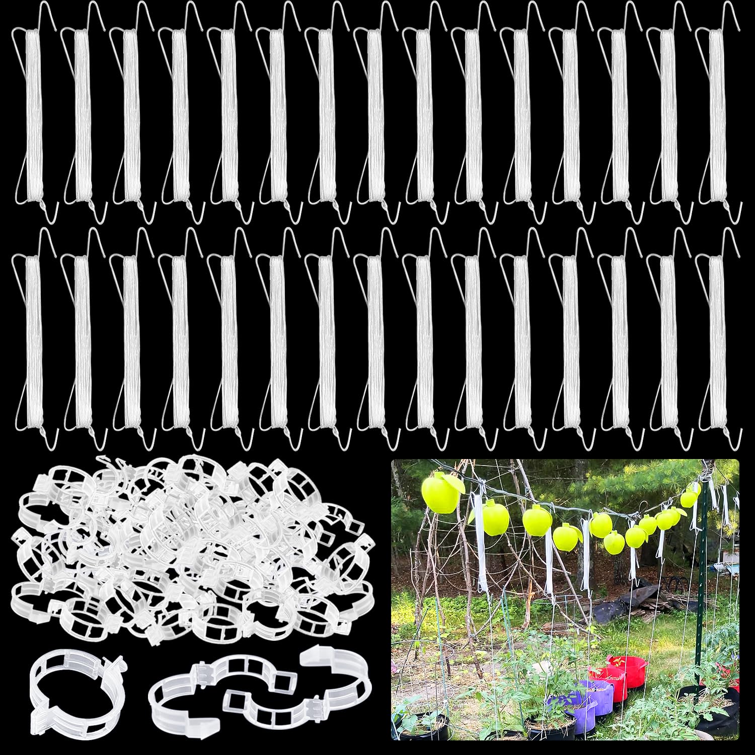 Srmayyi 160 PCS Tomato Hooks with String,40 PCS Tomato Support Hooks with 120 PCS Plant Clips,Tomato Holder Hooks Flower Vine Twine Crop Trellis,Prevent Pinching or Falling Off