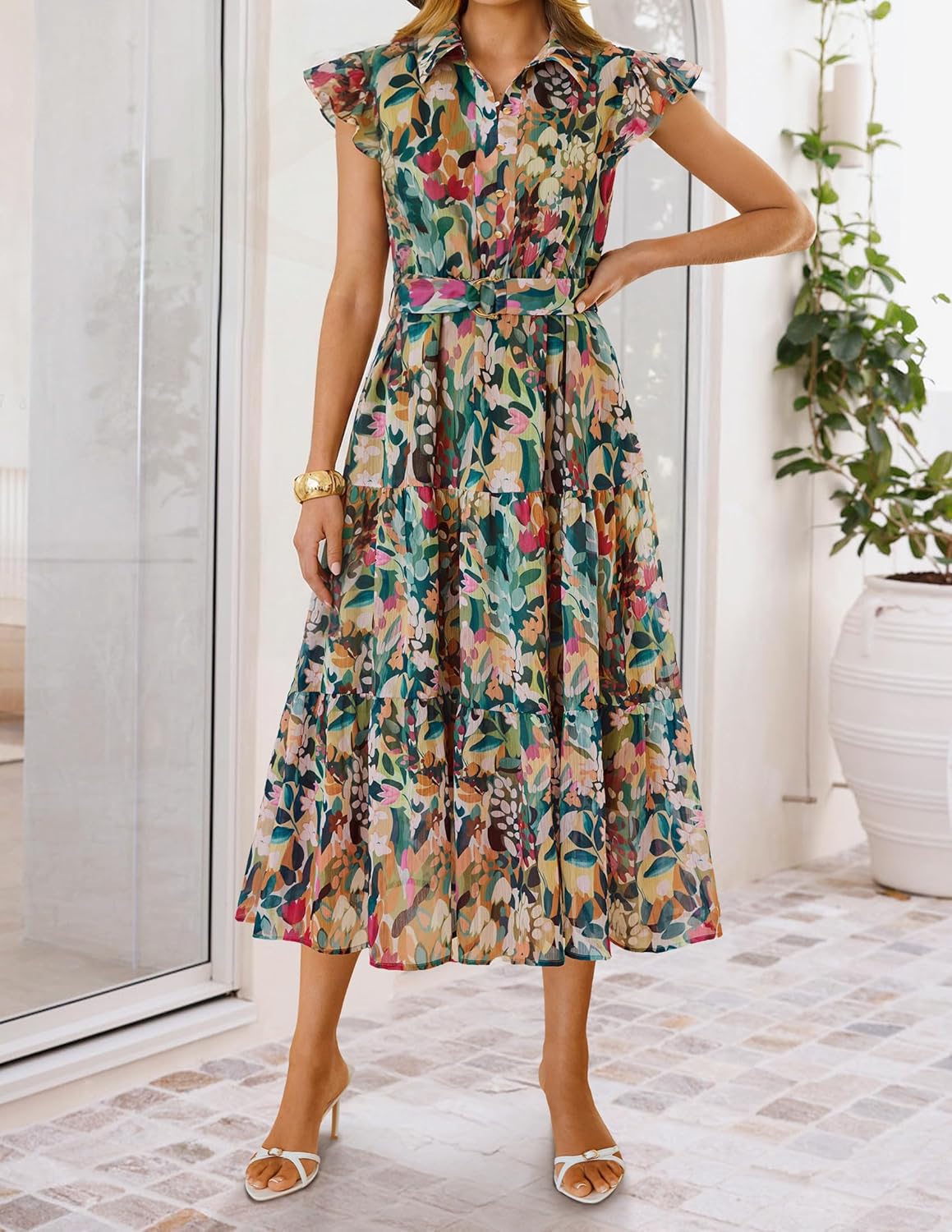 ZESICA Women's Summer Floral Midi Dress 2026 Casual Flutter Short Sleeve Chiffon Button Down Wedding Guest Party Dresses - Image 3