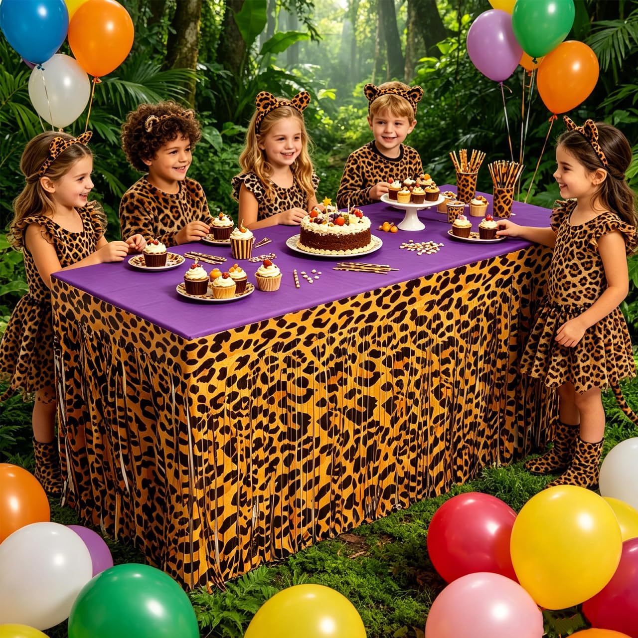 NUOBESTY 4 Pack Leopard Print Foil Fringe Table Skirt, Jungle Party Decor