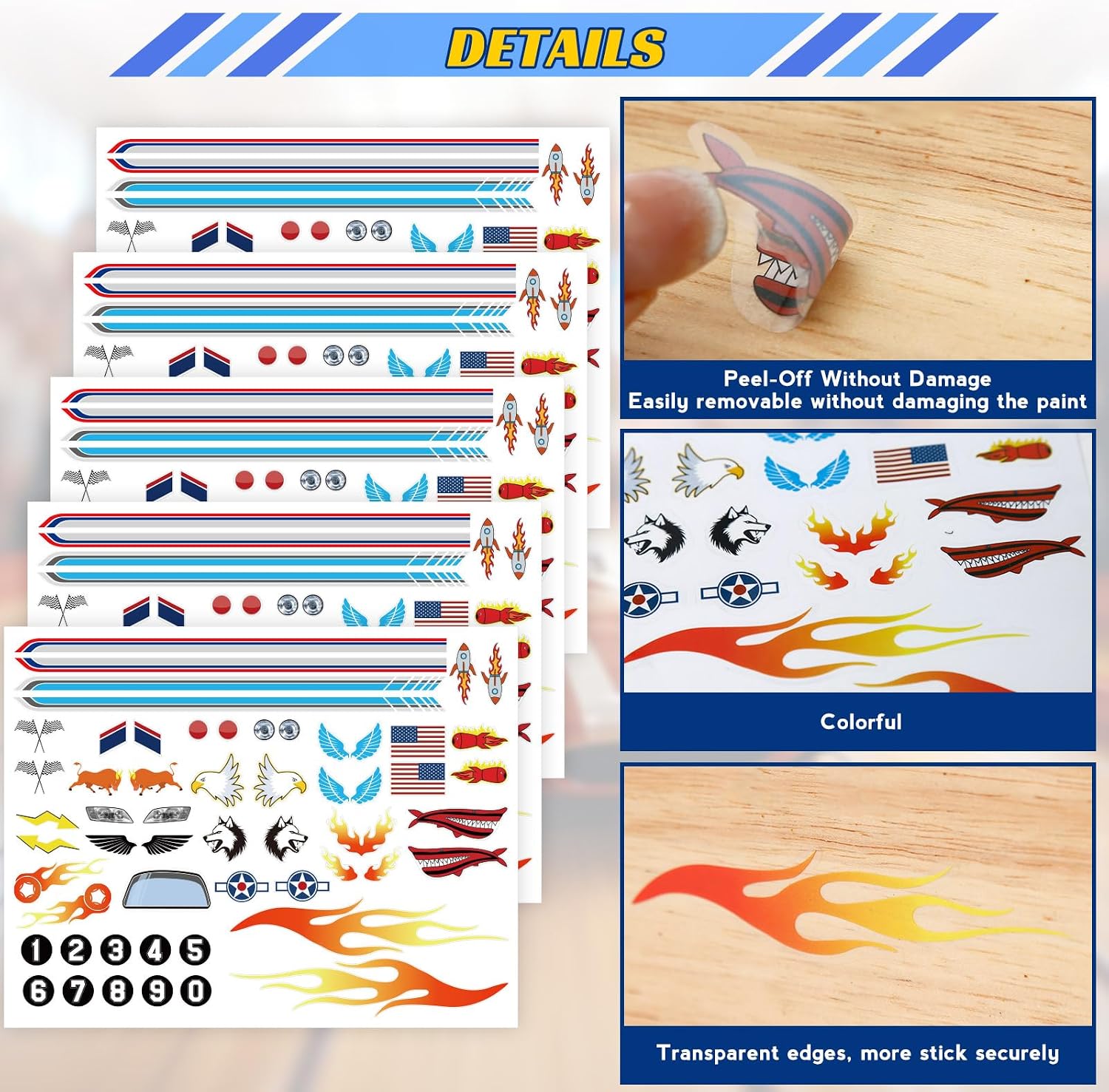 OCQOTAT 5PCS Derby Car Sticker Set-Racing Numbers, Flags, Lights, Stripes & Flame Decals - Peel & Stick Car Stickers for Derby Supplies Cars,Cool Decorations&Accessories for Your Vehicle