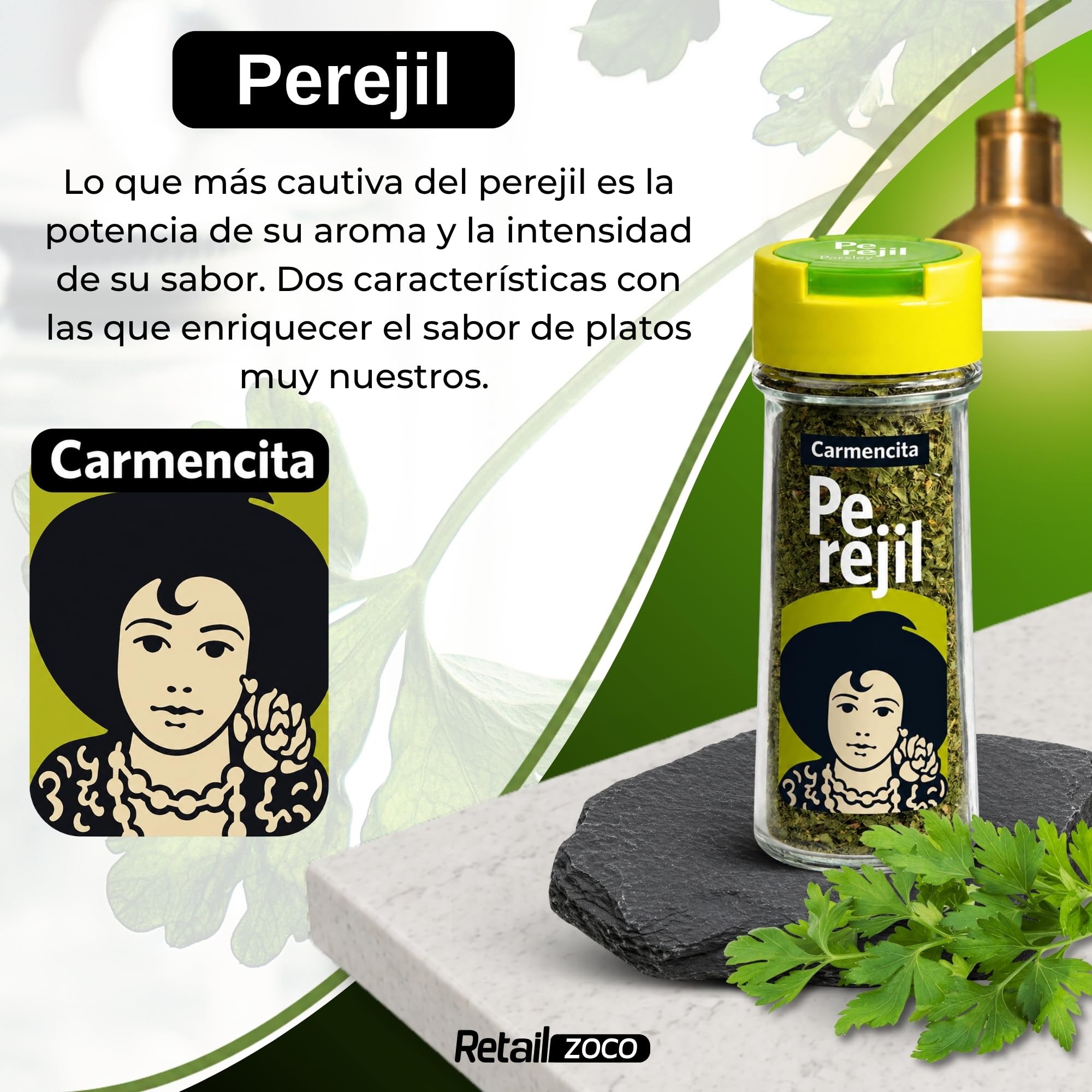 Sazonador Perejil Carmencita, Ideal para pescados, salsa, huevos y verduras, sabor fresco en una ensalada de cuscús, tomate, pepino y hierbabuena, Sin Gluten, Contiene 4 unidades de 12 g